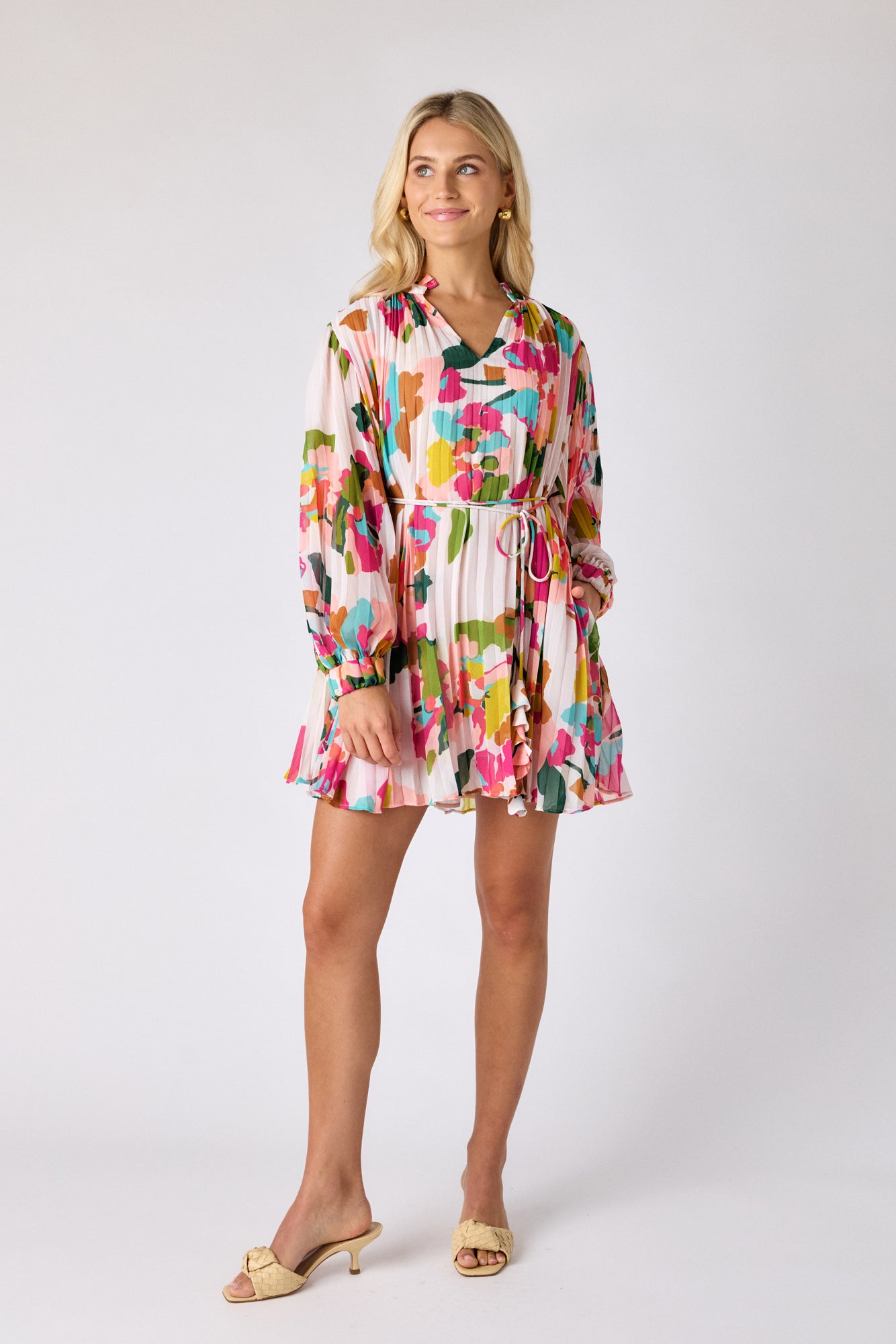 Botanic Blush pleated tent dress on model — CROSBY by Mollie Burch