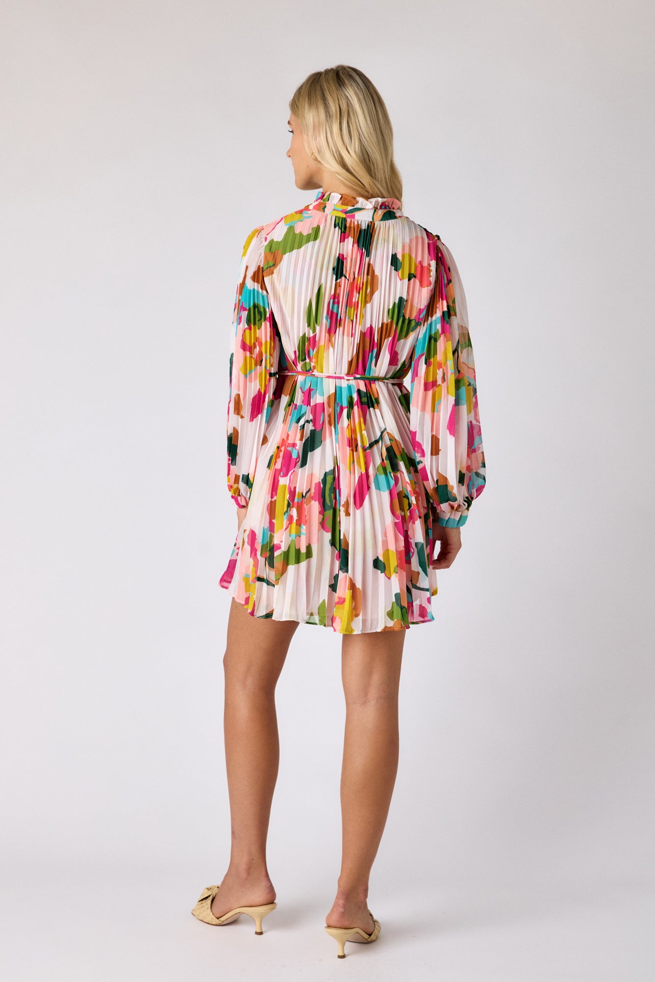 Botanic Blush pleated tent dress on model — CROSBY by Mollie Burch