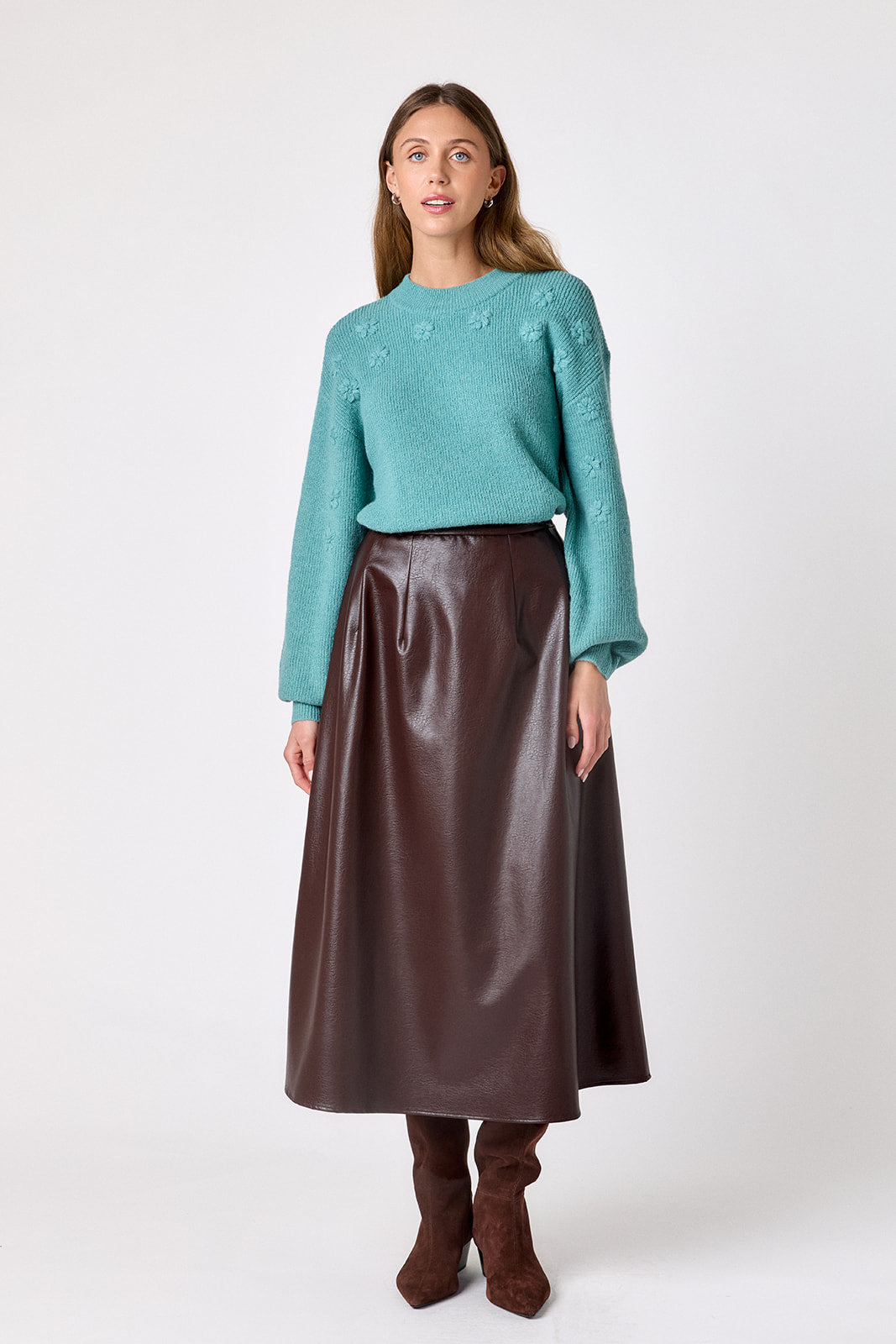 Brownie voluminous faux leather A-line skirt on model – CROSBY by Mollie Burch