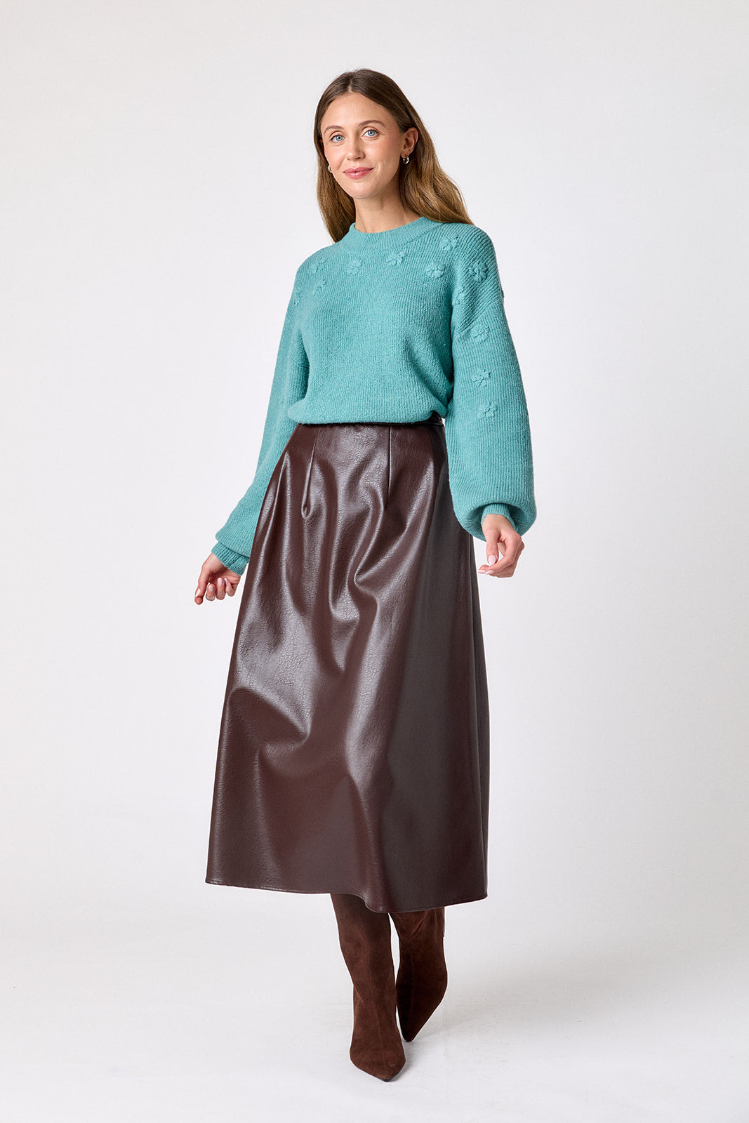Brownie voluminous faux leather A-line skirt on model – CROSBY by Mollie Burch