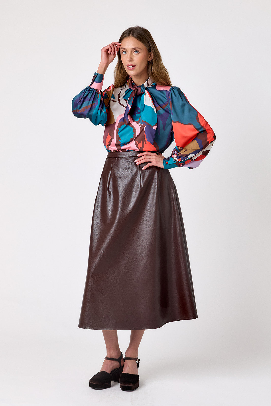 Brownie voluminous faux leather A-line skirt on model – CROSBY by Mollie Burch