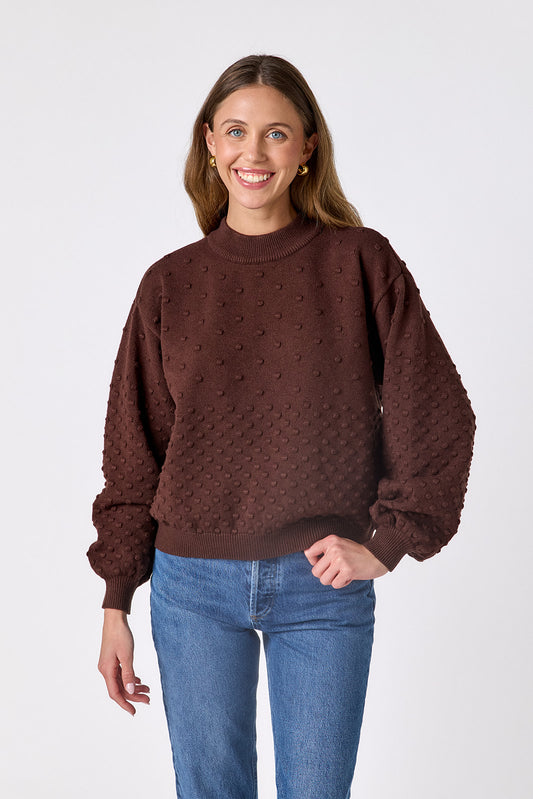 Brownie drop shoulder sweater with dotwork detailing on model – CROSBY by Mollie Burch