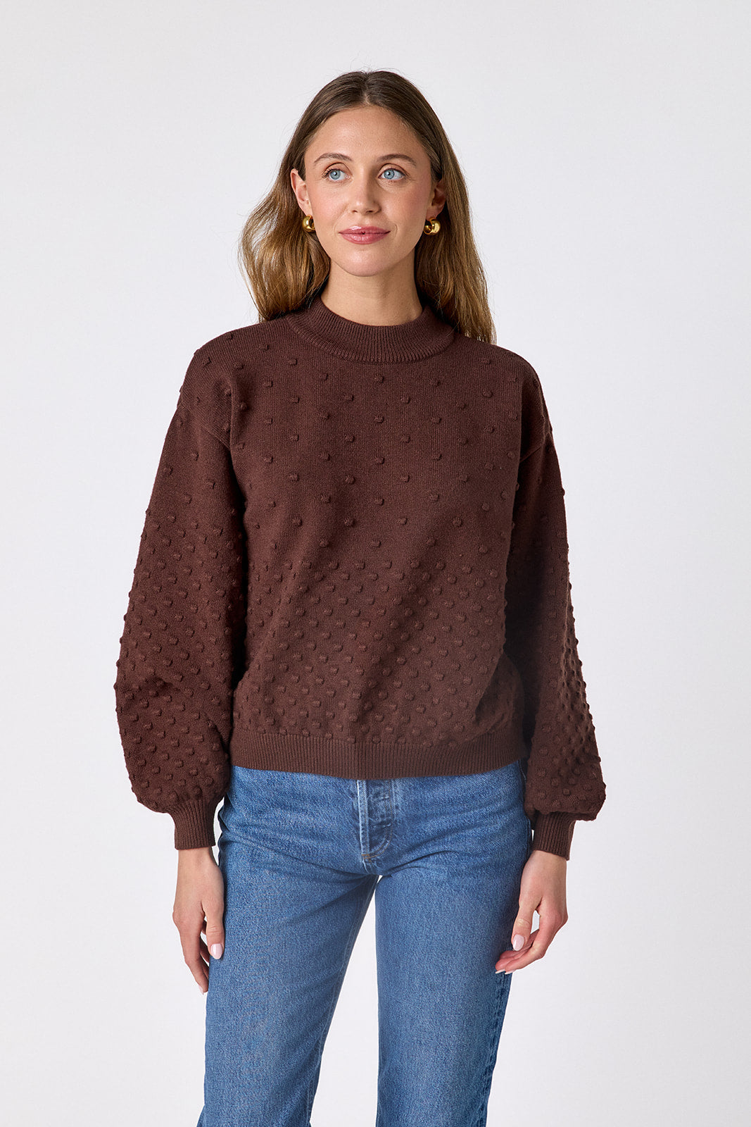 Brownie drop shoulder sweater with dotwork detailing on model – CROSBY by Mollie Burch