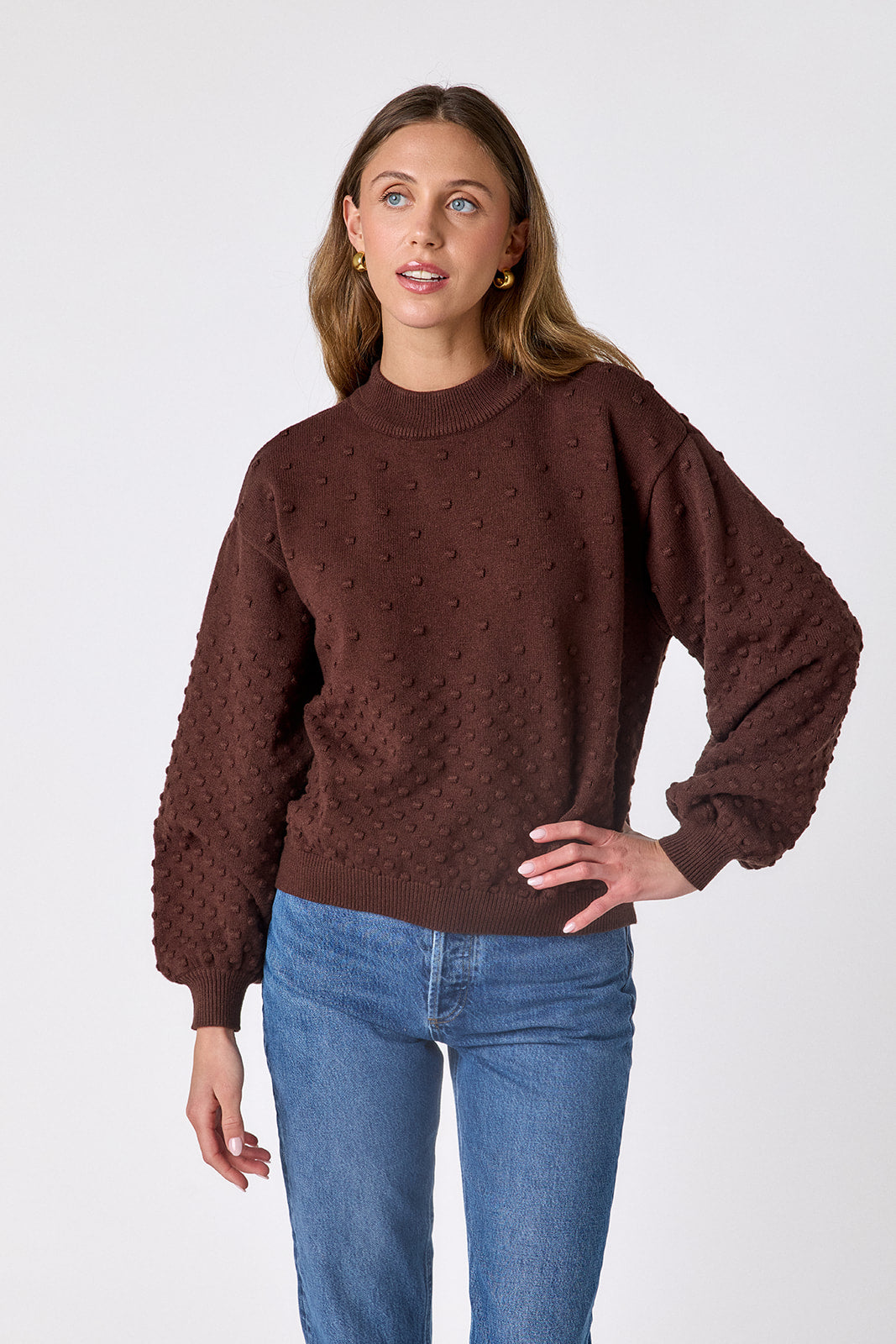 Brownie drop shoulder sweater with dotwork detailing on model – CROSBY by Mollie Burch