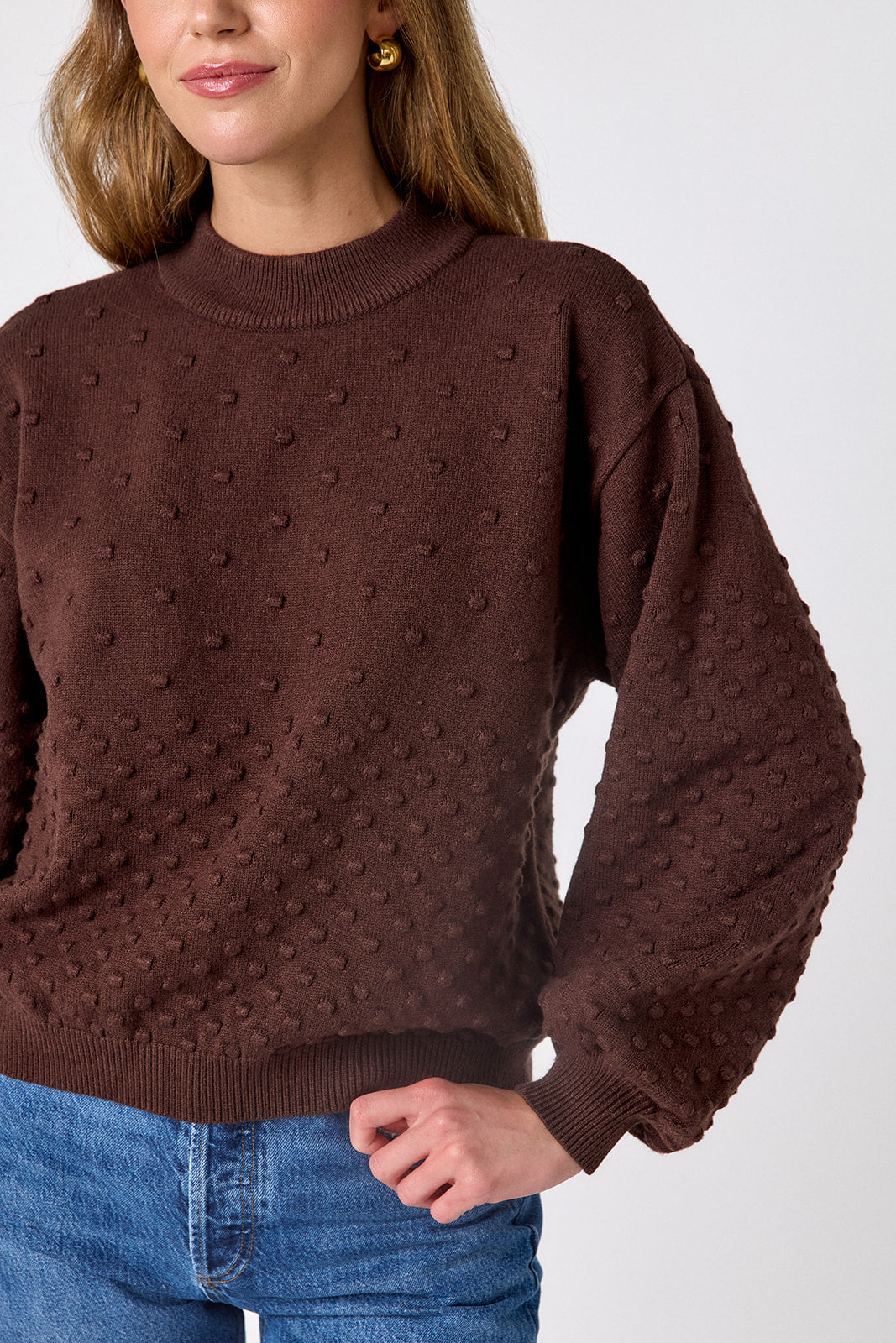 Brownie drop shoulder sweater with dotwork detailing on model – CROSBY by Mollie Burch