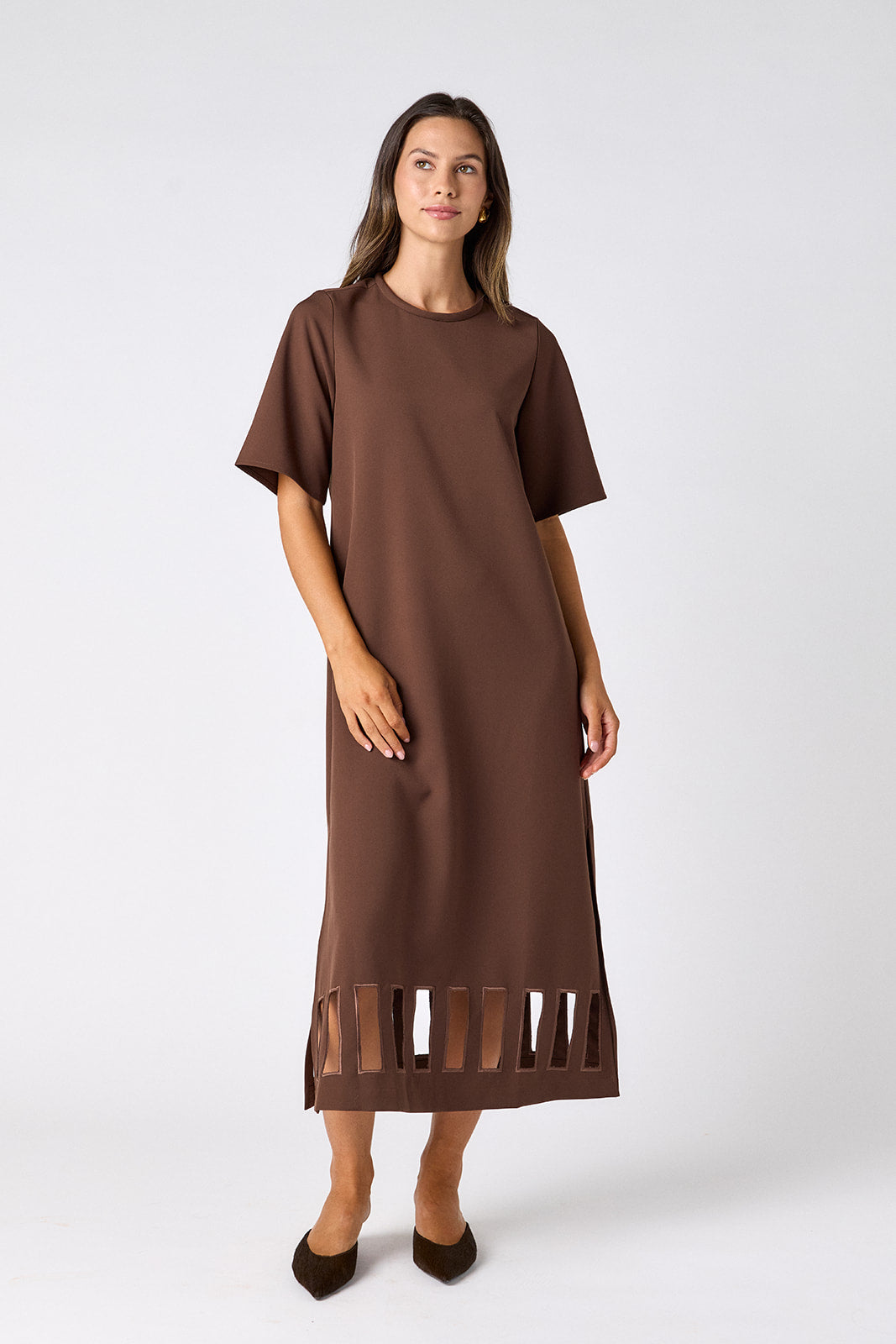 Brownie short sleeve ankle-length dress with a straight fit on model – CROSBY by Mollie Burch
