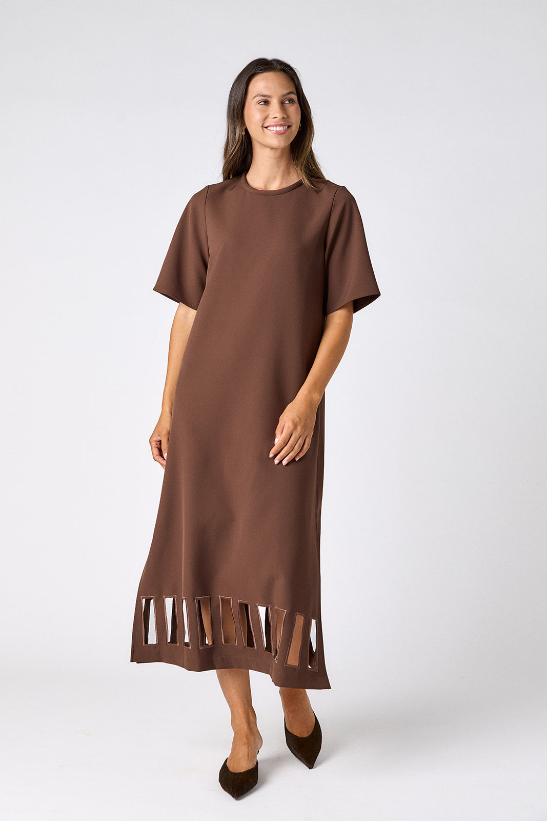 Brownie short sleeve ankle-length dress with a straight fit on model – CROSBY by Mollie Burch