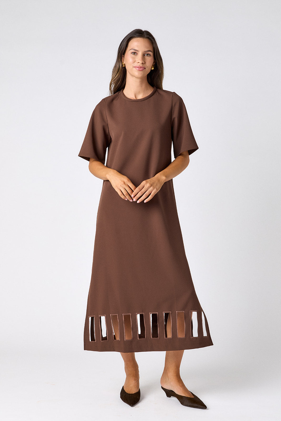 Brownie short sleeve ankle-length dress with a straight fit on model – CROSBY by Mollie Burch