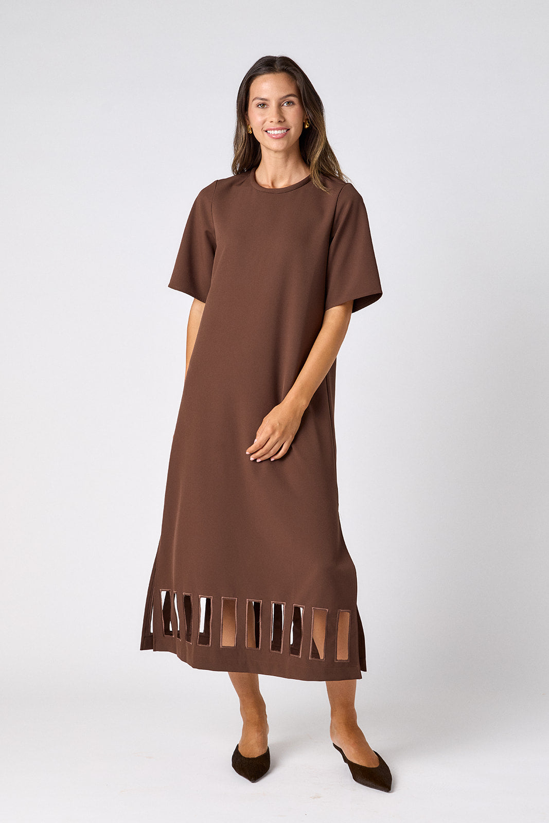 Brownie short sleeve ankle-length dress with a straight fit on model – CROSBY by Mollie Burch