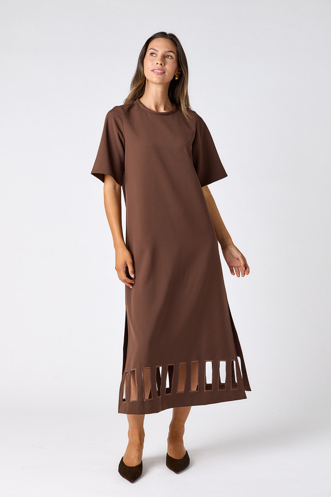 Brownie short sleeve ankle-length dress with a straight fit on model – CROSBY by Mollie Burch