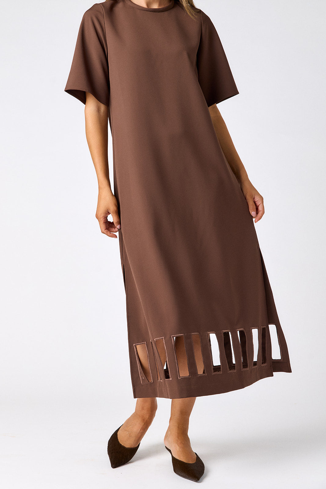 Brownie short sleeve ankle-length dress with a straight fit on model – CROSBY by Mollie Burch