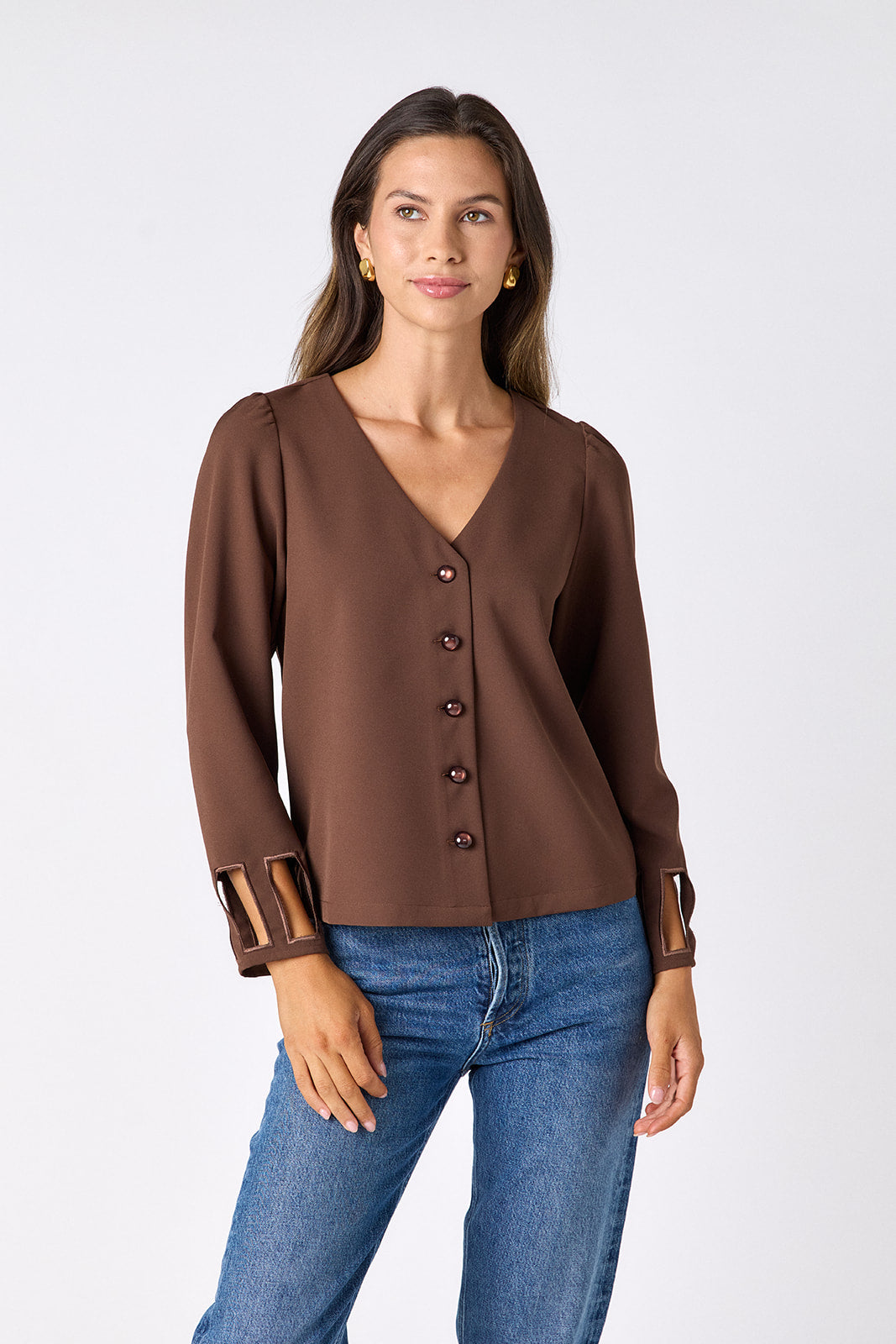 Brownie V-neck straight fit top on model – CROSBY by Mollie Burch