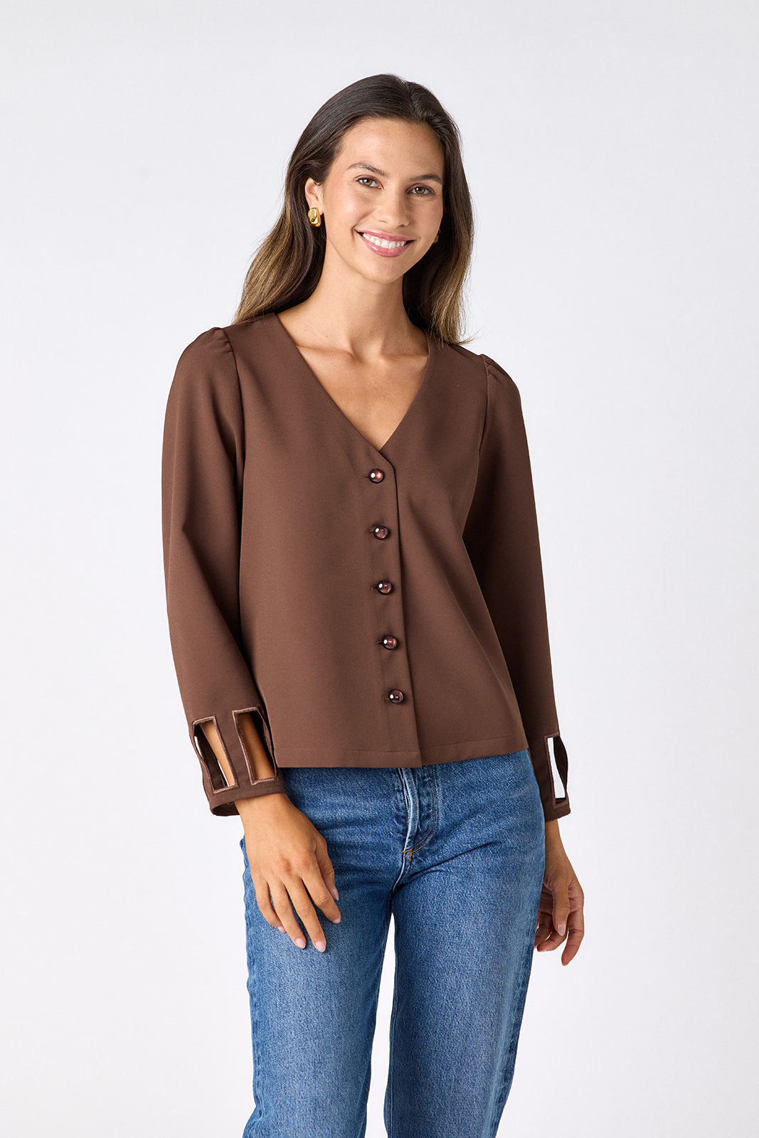 Brownie V-neck straight fit top on model – CROSBY by Mollie Burch