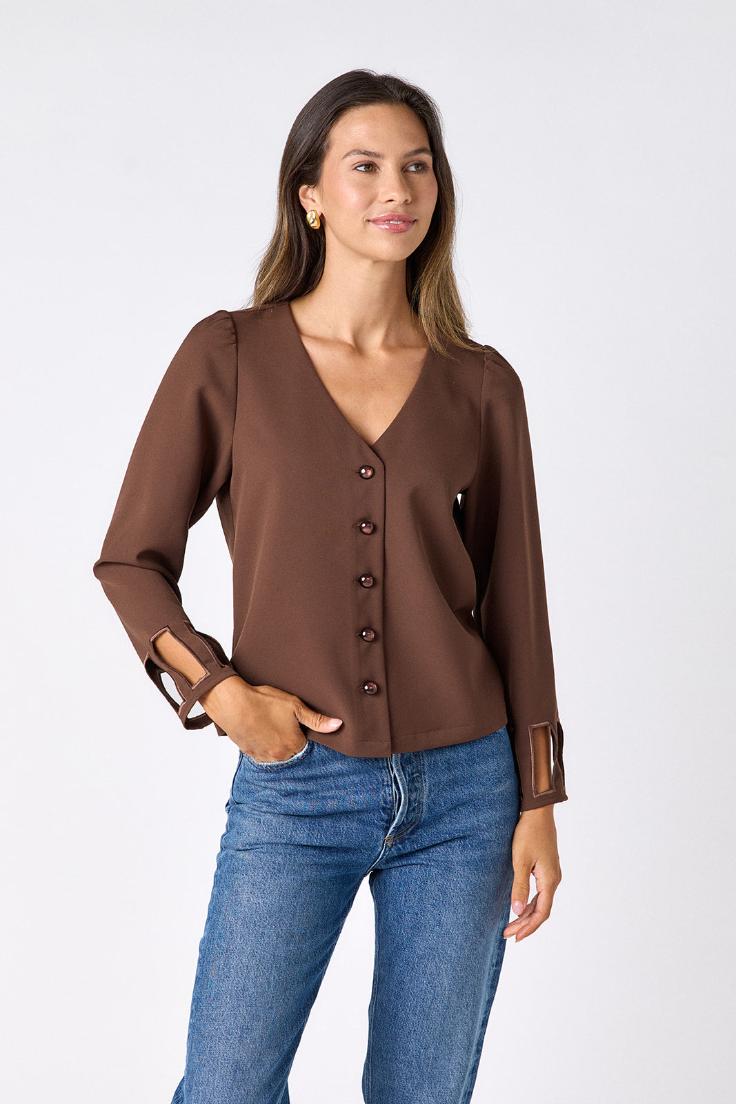 Brownie V-neck straight fit top on model – CROSBY by Mollie Burch