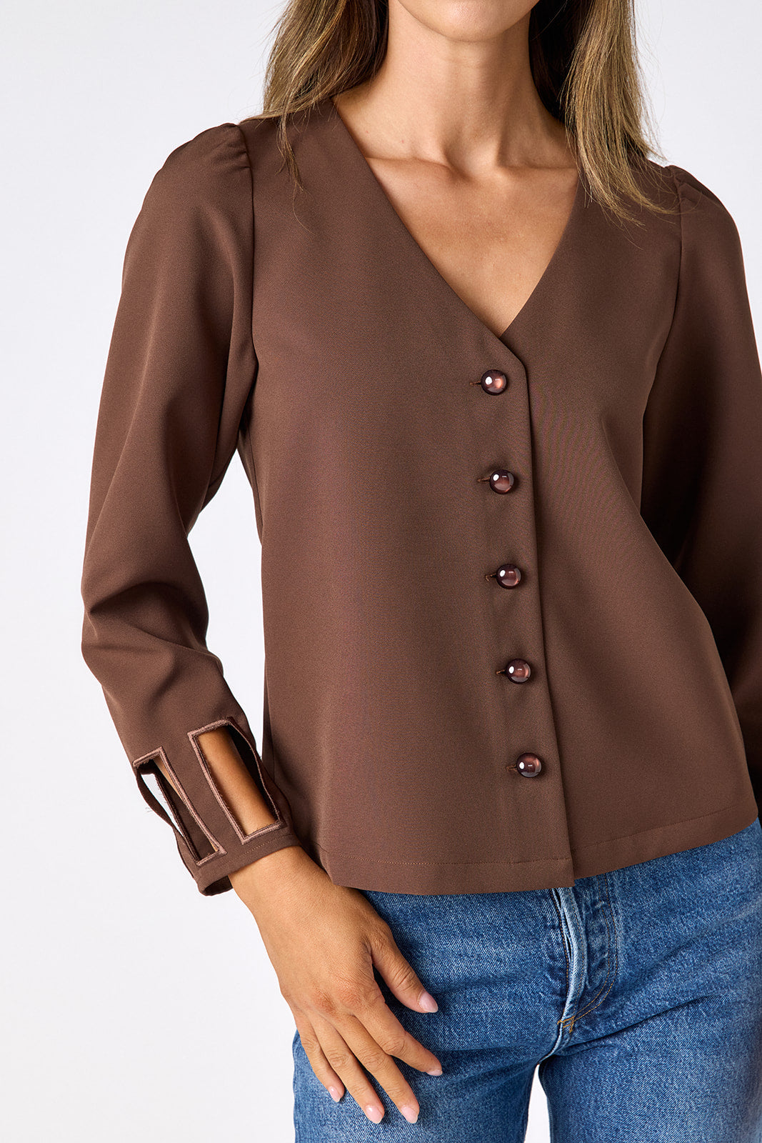 Brownie V-neck straight fit top on model – CROSBY by Mollie Burch