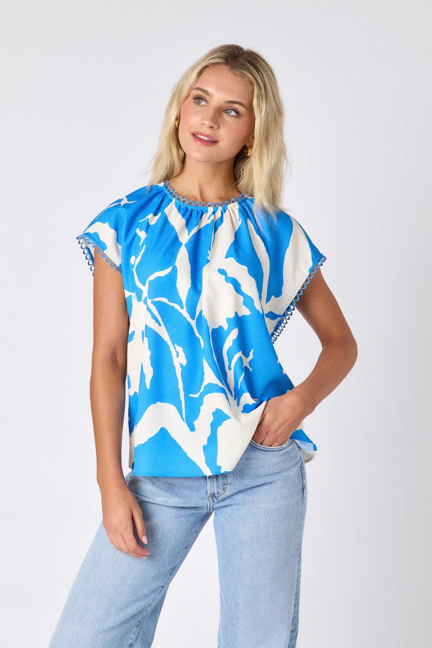 Blue Fern raglan style short sleeve top on model — CROSBY by Mollie Burch
