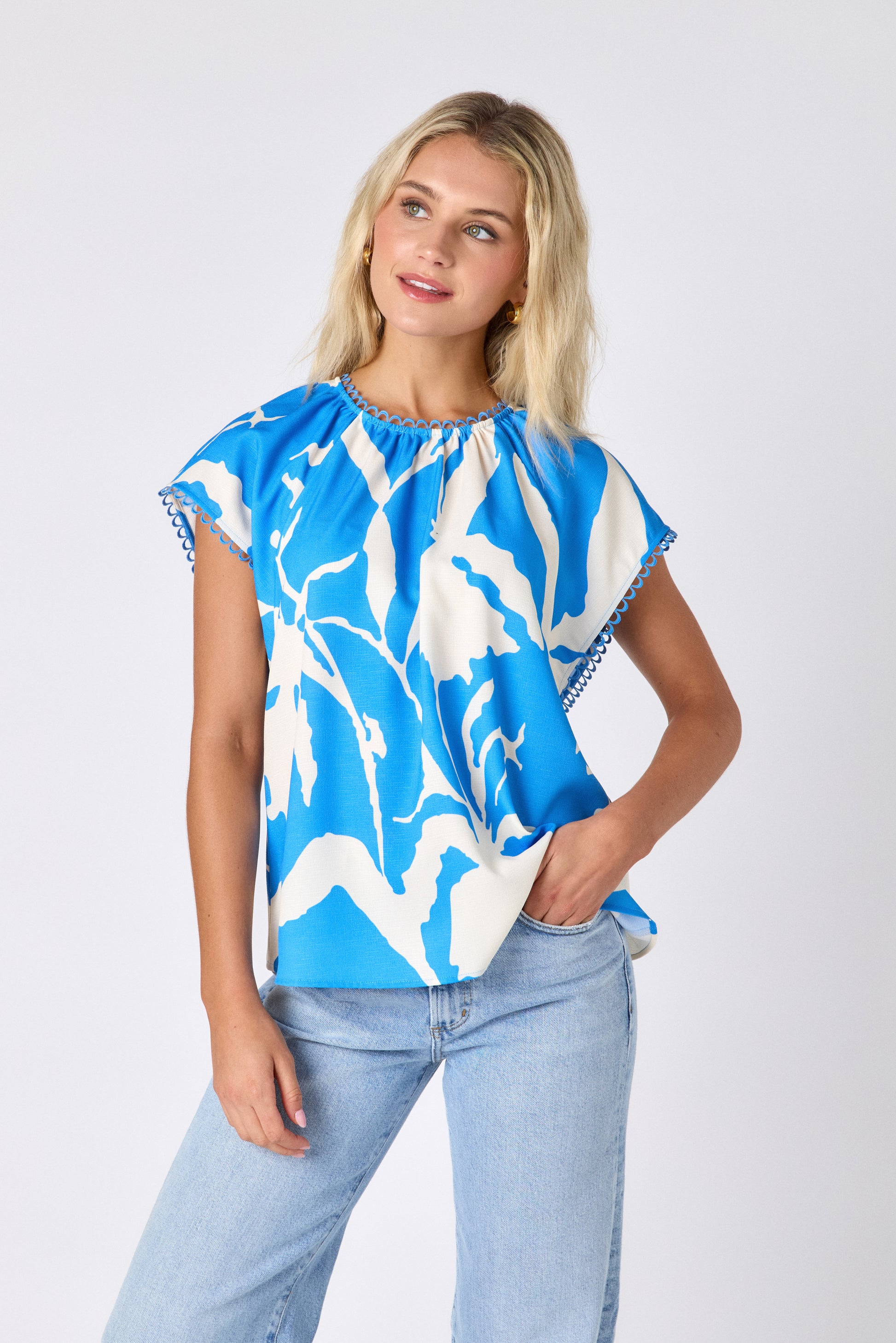 Blue Fern raglan style short sleeve top on model — CROSBY by Mollie Burch