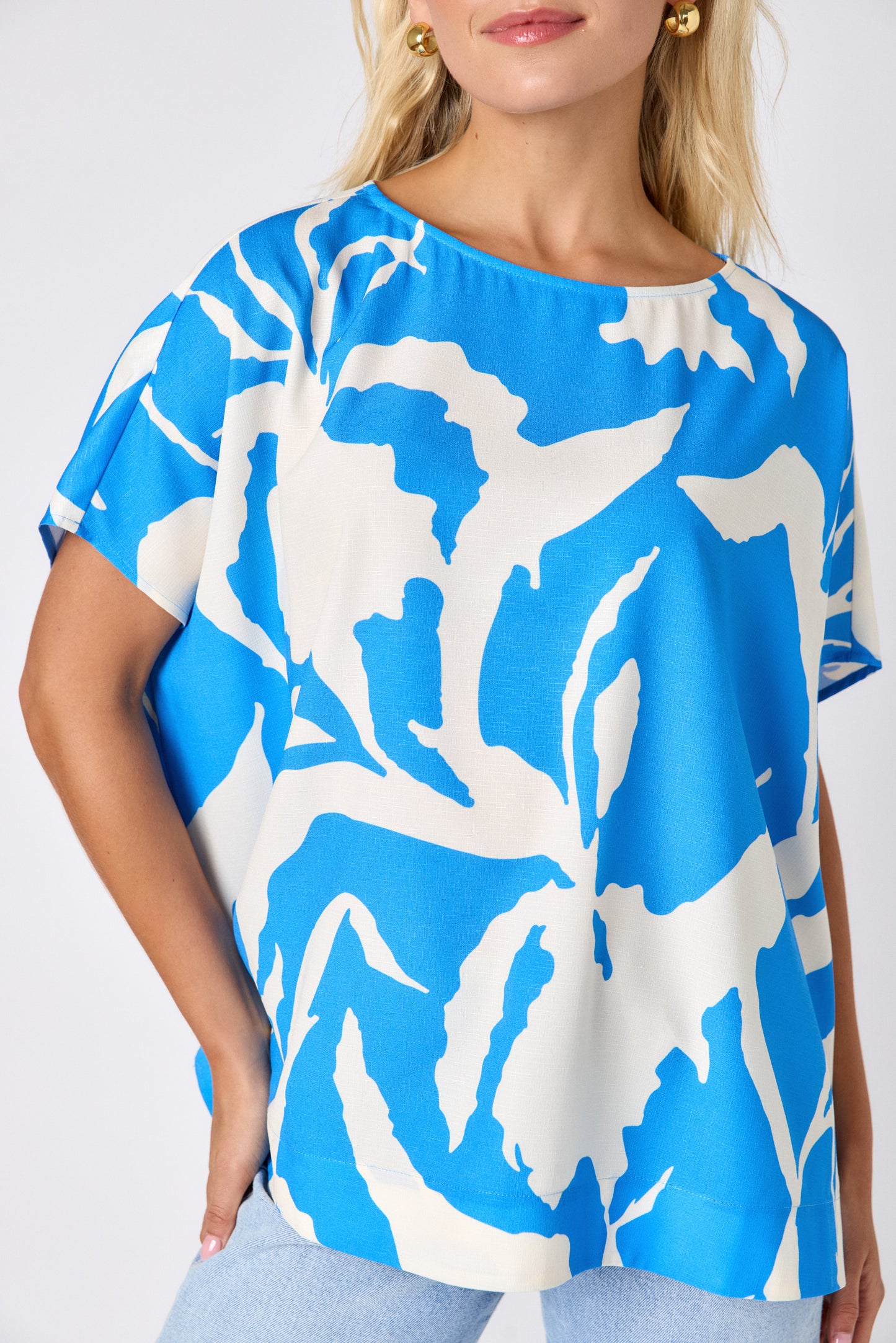 Blue Fern oversized short sleeve tunic on model — CROSBY by Mollie Burch