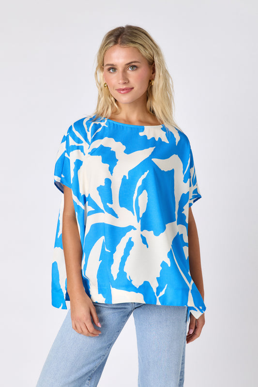 Blue Fern oversized short sleeve tunic on model — CROSBY by Mollie Burch