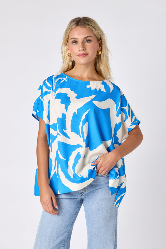 Blue Fern oversized short sleeve tunic on model — CROSBY by Mollie Burch