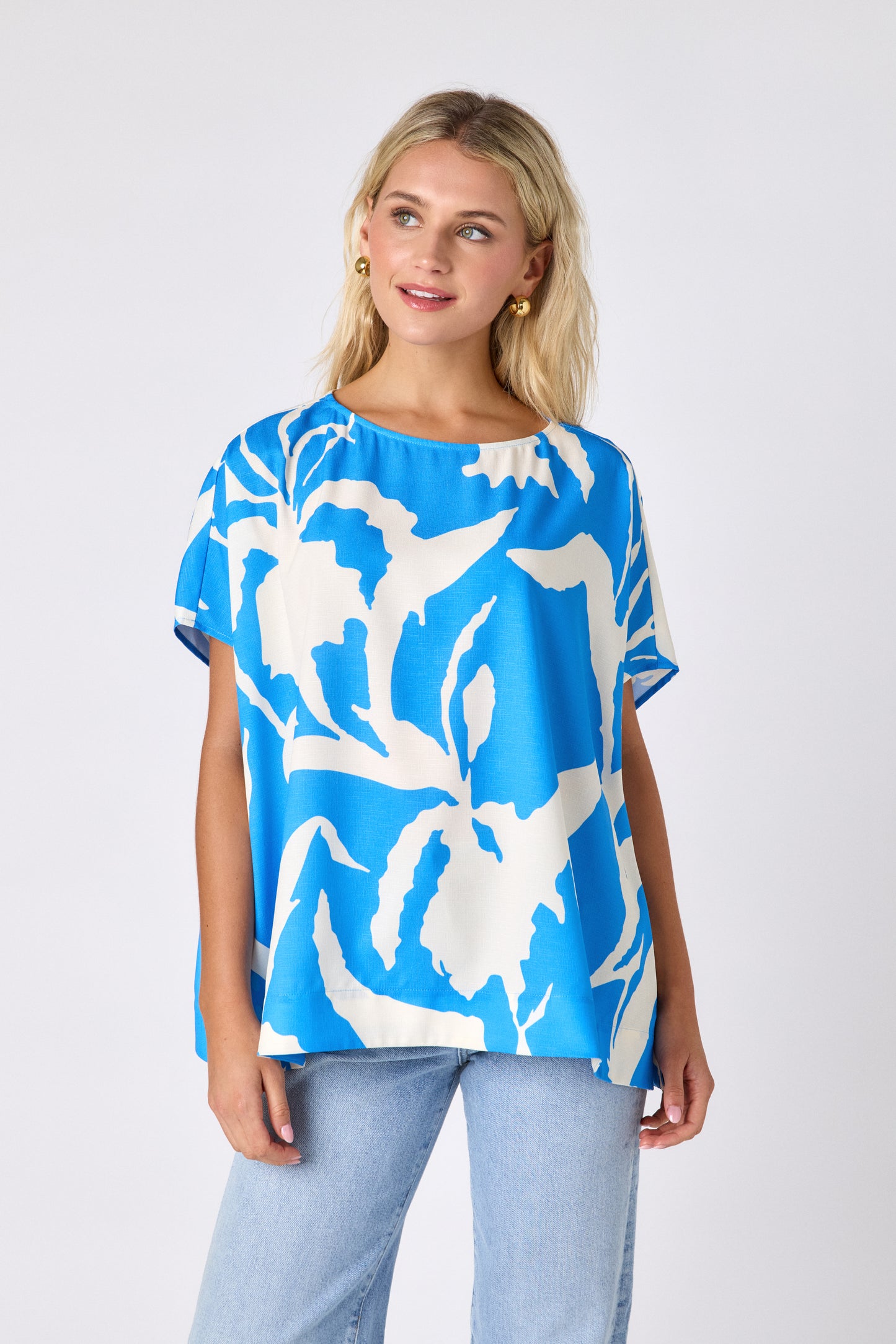 Blue Fern oversized short sleeve tunic on model — CROSBY by Mollie Burch