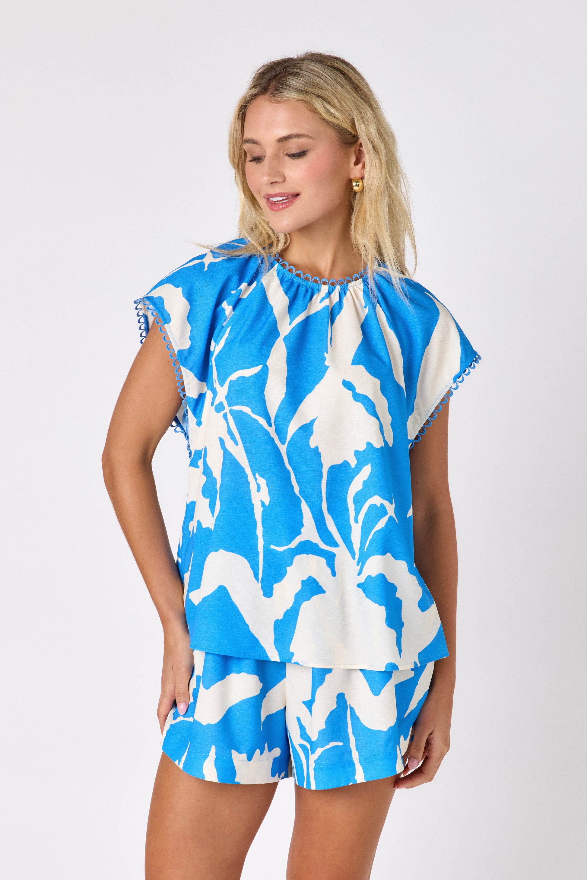 Blue Fern raglan style short sleeve top on model — CROSBY by Mollie Burch