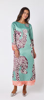 Drewry Dress in Mint Catwalk featuring contrast fringe trim on model – CROSBY by Mollie Burch