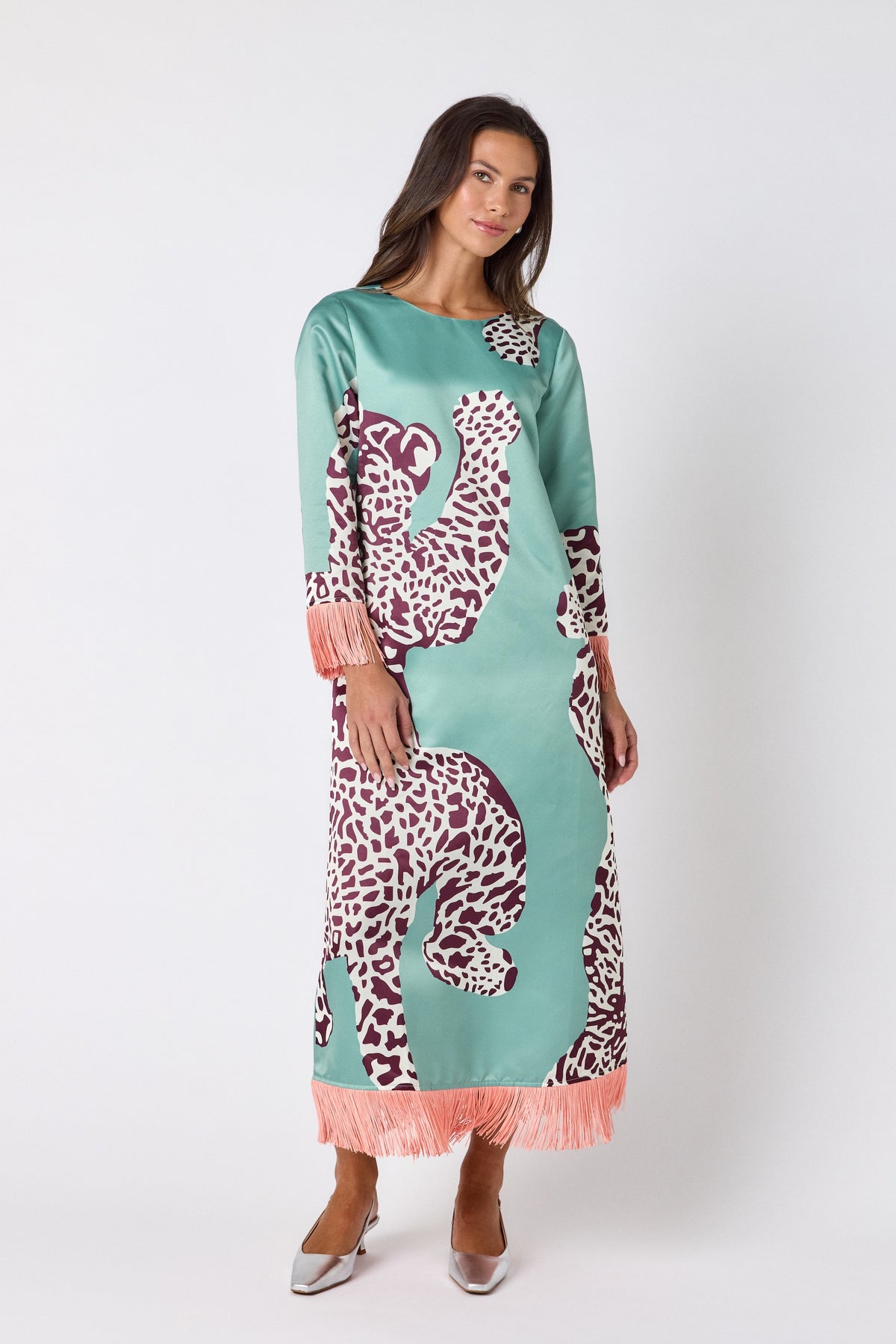 Drewry Dress in Mint Catwalk featuring contrast fringe trim on model – CROSBY by Mollie Burch