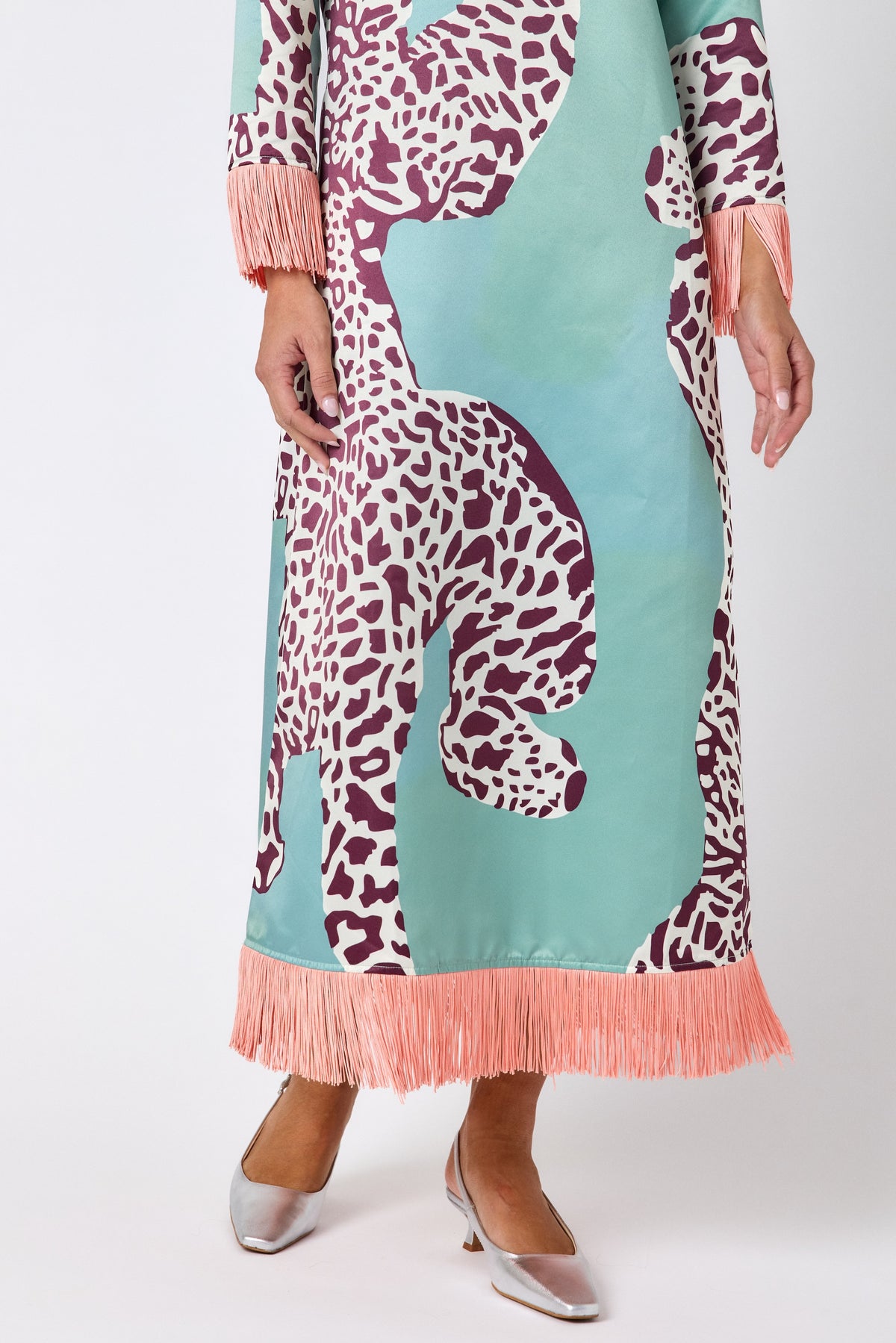 Drewry Dress in Mint Catwalk featuring contrast fringe trim on model – CROSBY by Mollie Burch