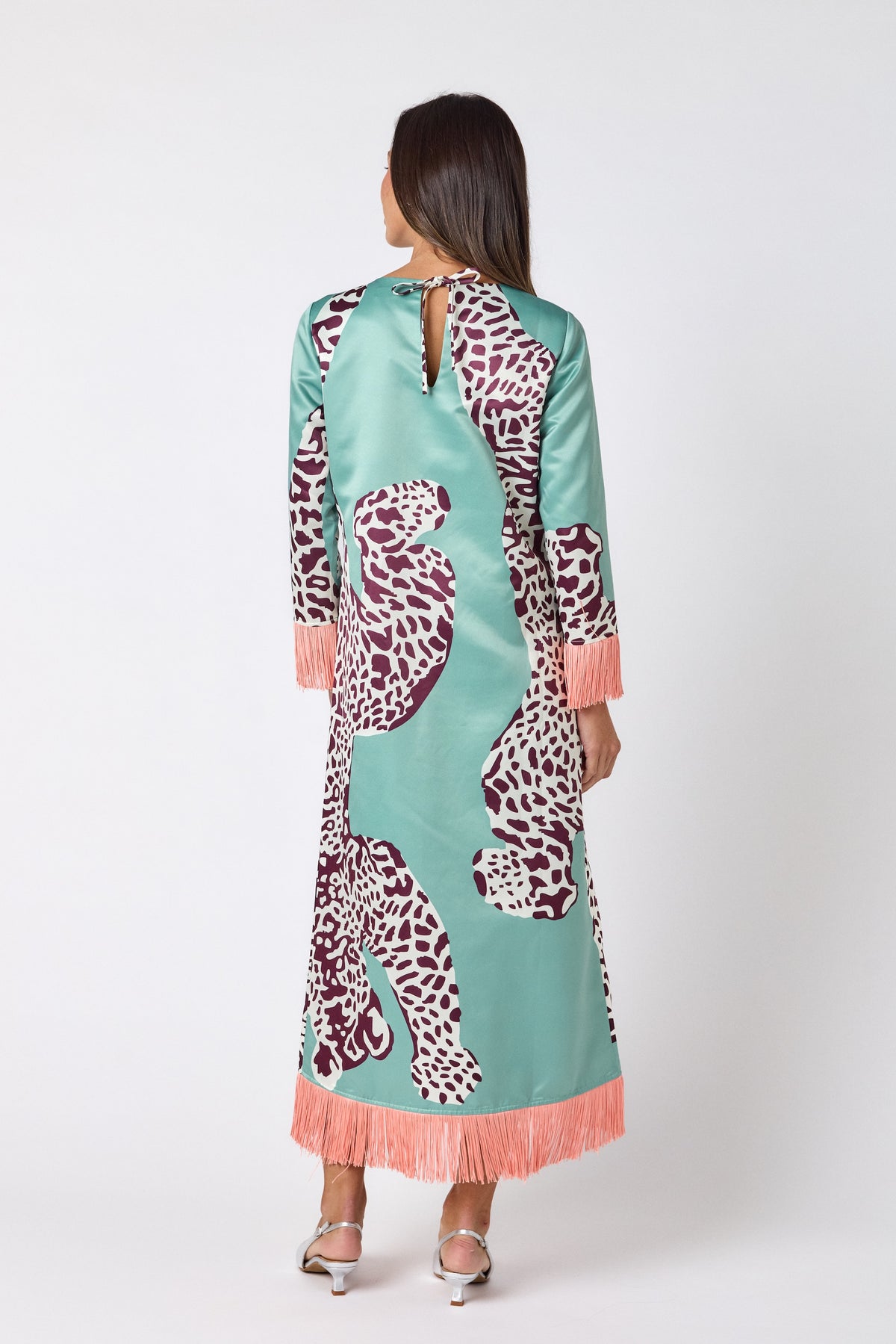 Drewry Dress in Mint Catwalk featuring contrast fringe trim on model – CROSBY by Mollie Burch