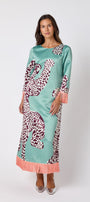 Drewry Dress in Mint Catwalk featuring contrast fringe trim on model – CROSBY by Mollie Burch