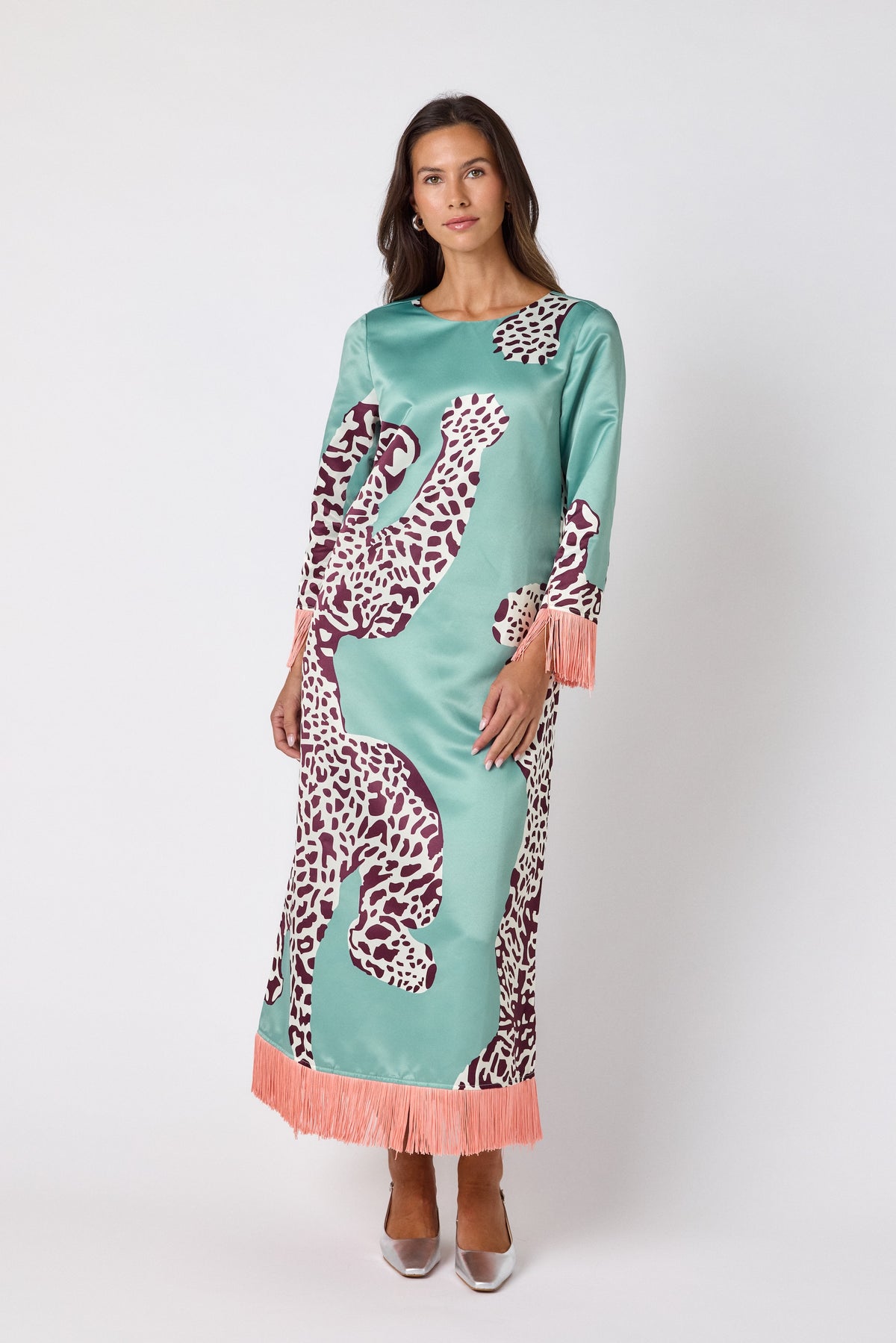 Drewry Dress in Mint Catwalk featuring contrast fringe trim on model – CROSBY by Mollie Burch