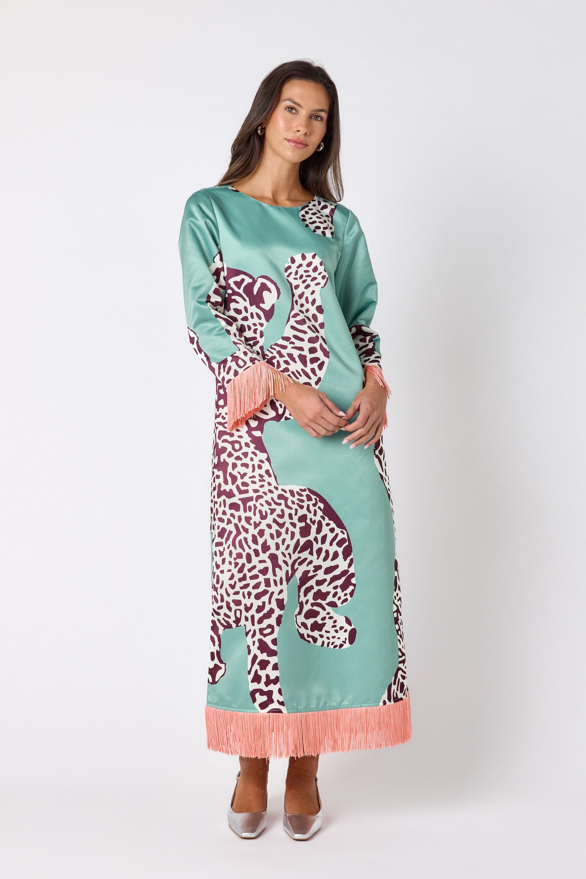 Drewry Dress in Mint Catwalk featuring contrast fringe trim on model – CROSBY by Mollie Burch
