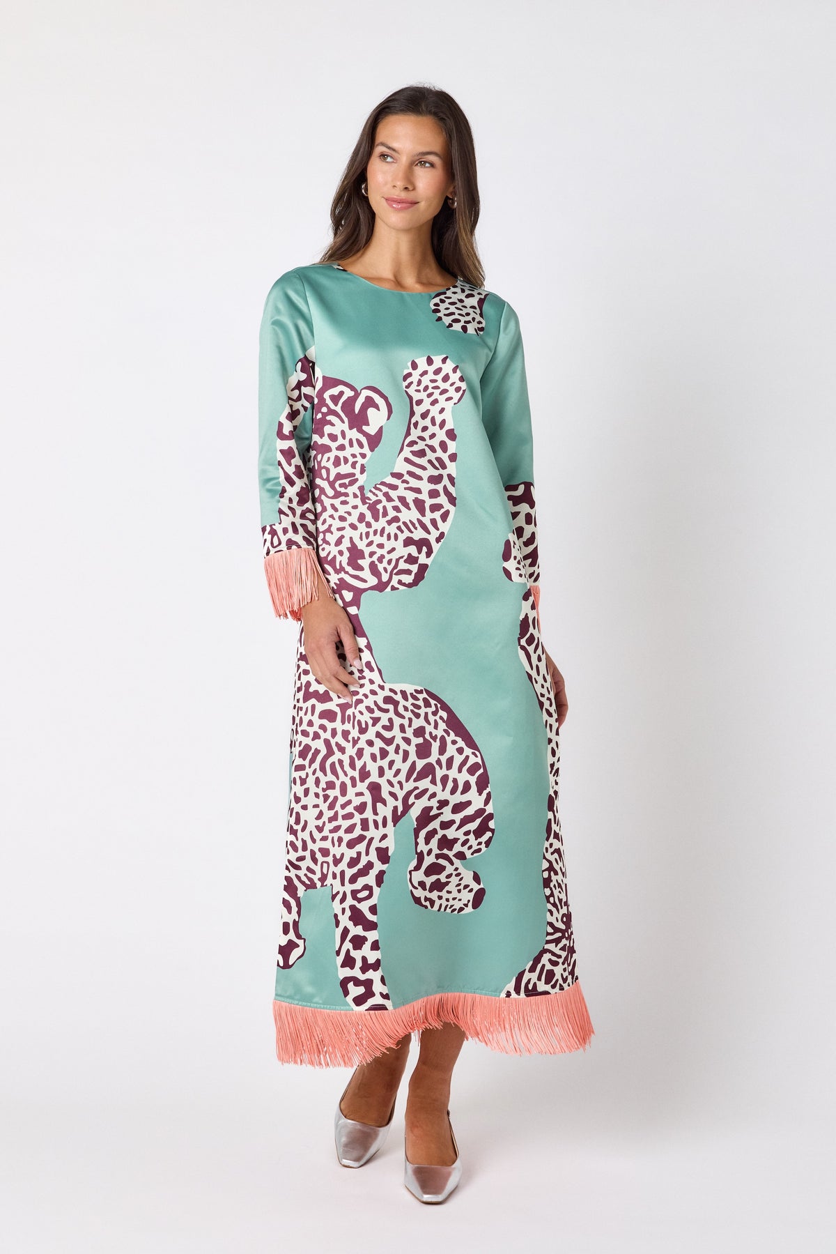 Drewry Dress in Mint Catwalk featuring contrast fringe trim on model – CROSBY by Mollie Burch