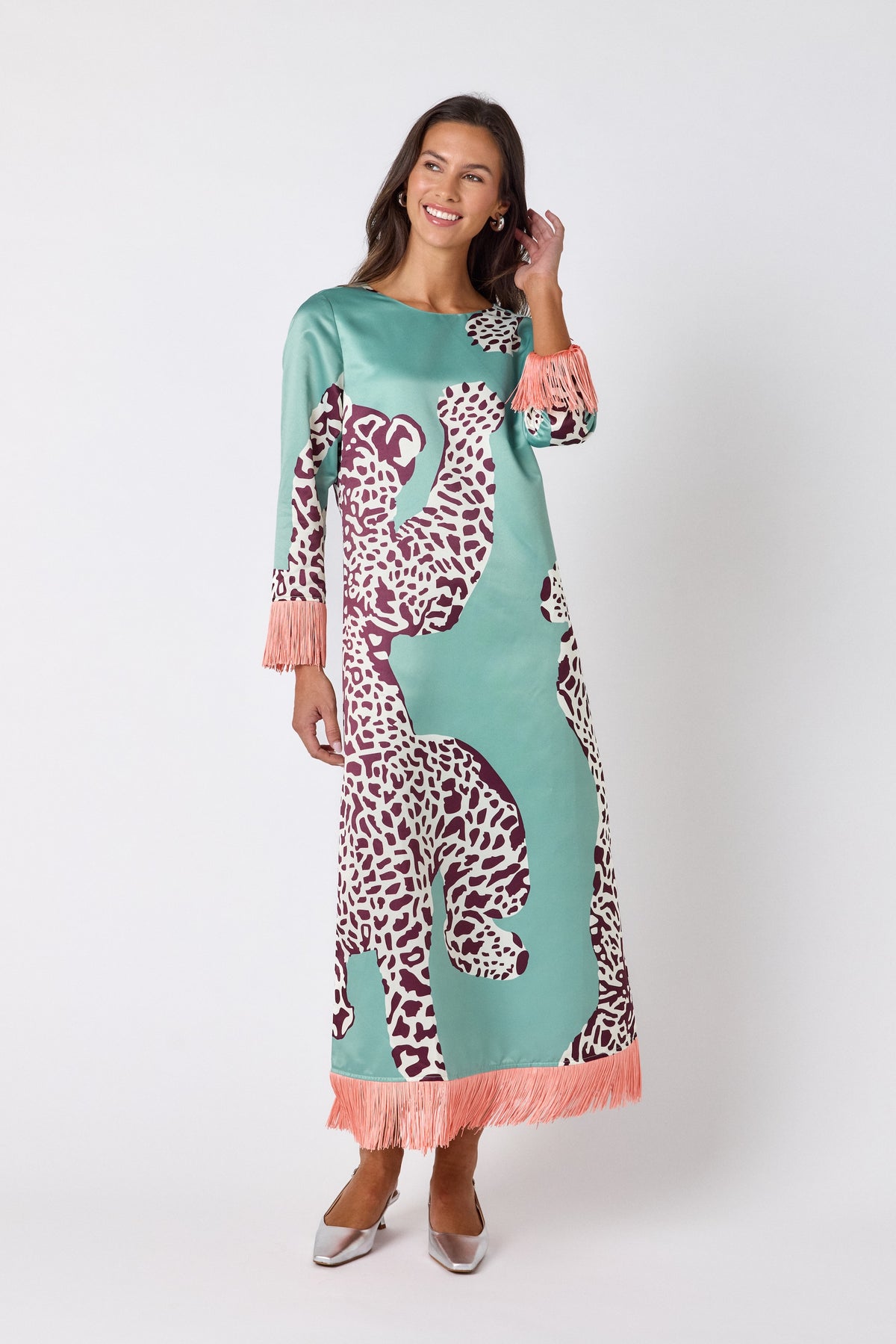 Drewry Dress in Mint Catwalk featuring contrast fringe trim on model – CROSBY by Mollie Burch