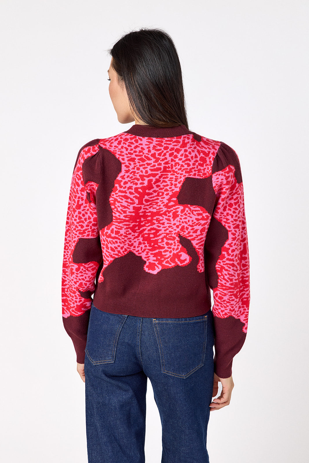Catwalk Pink v-neck cardigan with scallop detail on model – CROSBY by Mollie Burch