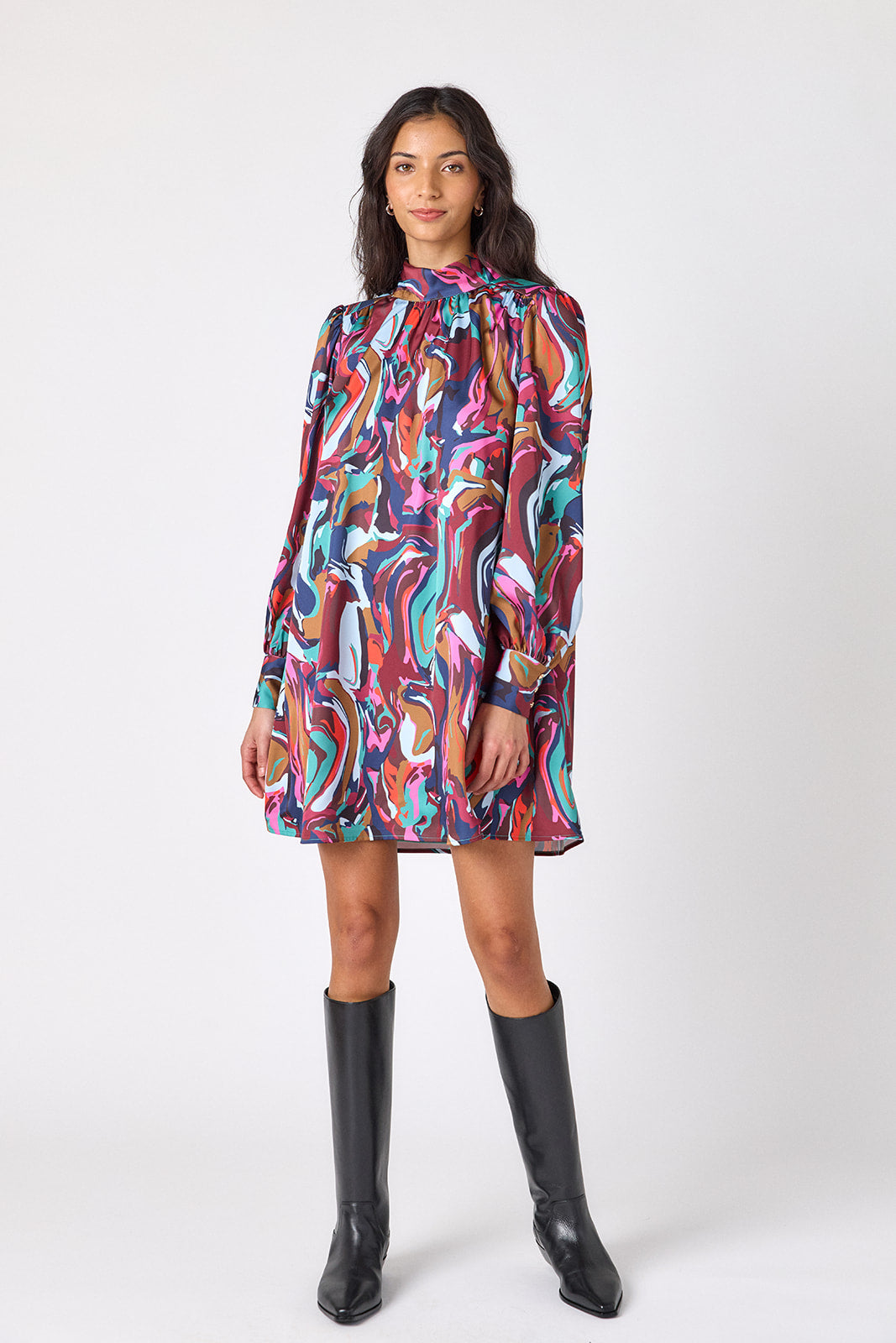 Color Current above-the-knee relaxed fit dress with cowl neck on model – CROSBY by Mollie Burch
