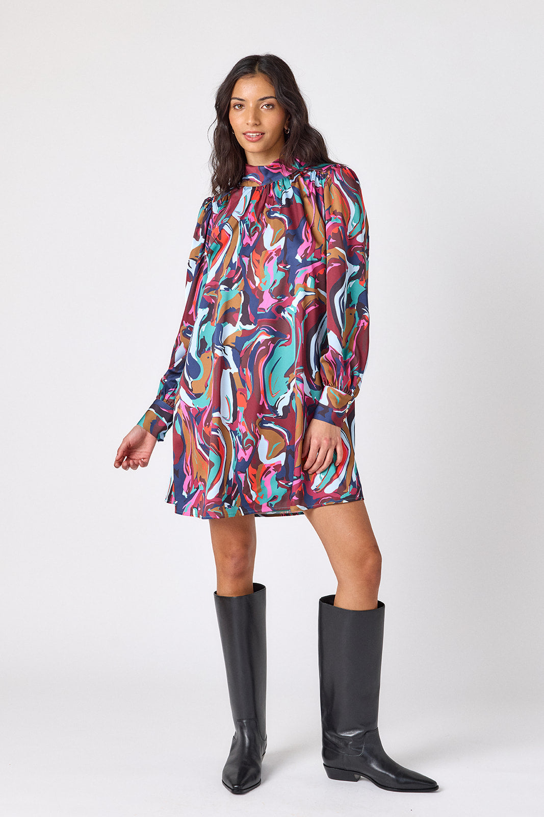 Color Current above-the-knee relaxed fit dress with cowl neck on model – CROSBY by Mollie Burch