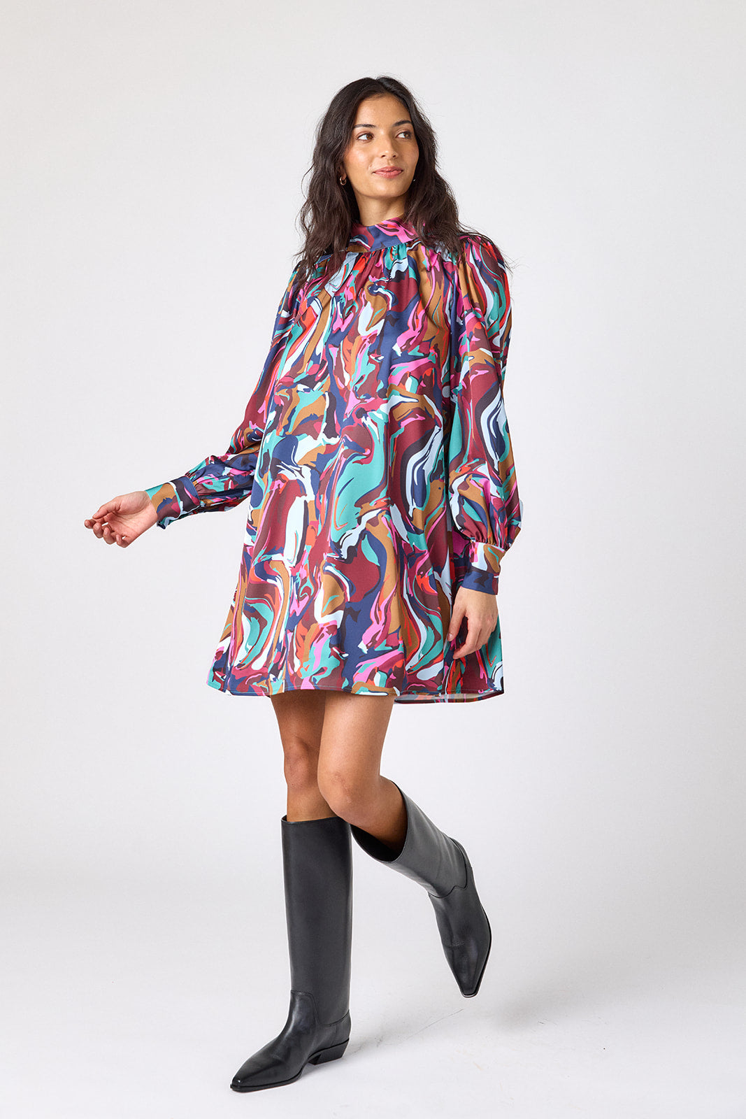 Color Current above-the-knee relaxed fit dress with cowl neck on model – CROSBY by Mollie Burch