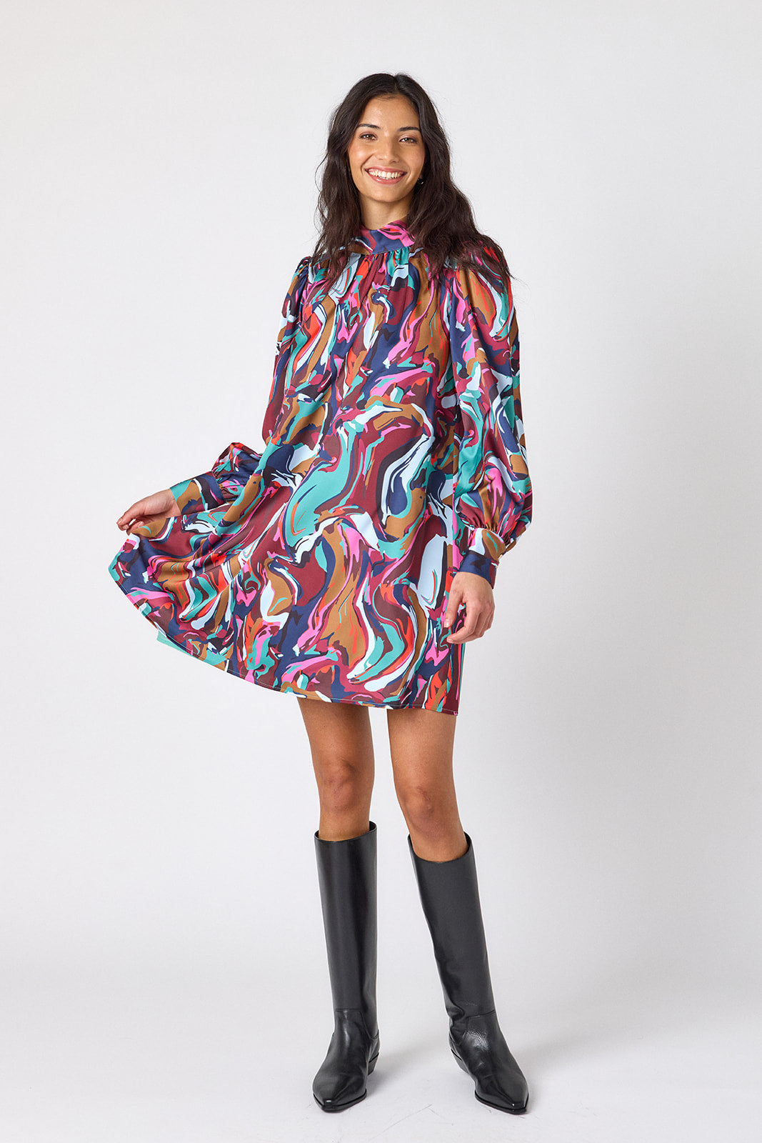Color Current above-the-knee relaxed fit dress with cowl neck on model – CROSBY by Mollie Burch