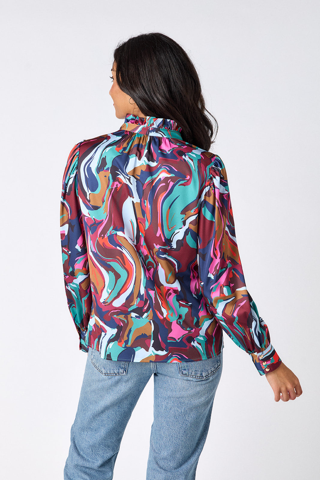 Color Current relaxed fit long-sleeve blouse with ruffle standing collar on model – CROSBY by Mollie Burch