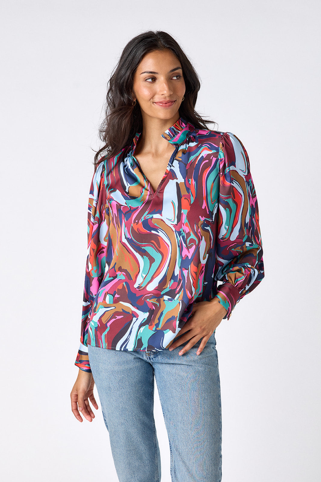 Color Current relaxed fit long-sleeve blouse with ruffle standing collar on model – CROSBY by Mollie Burch