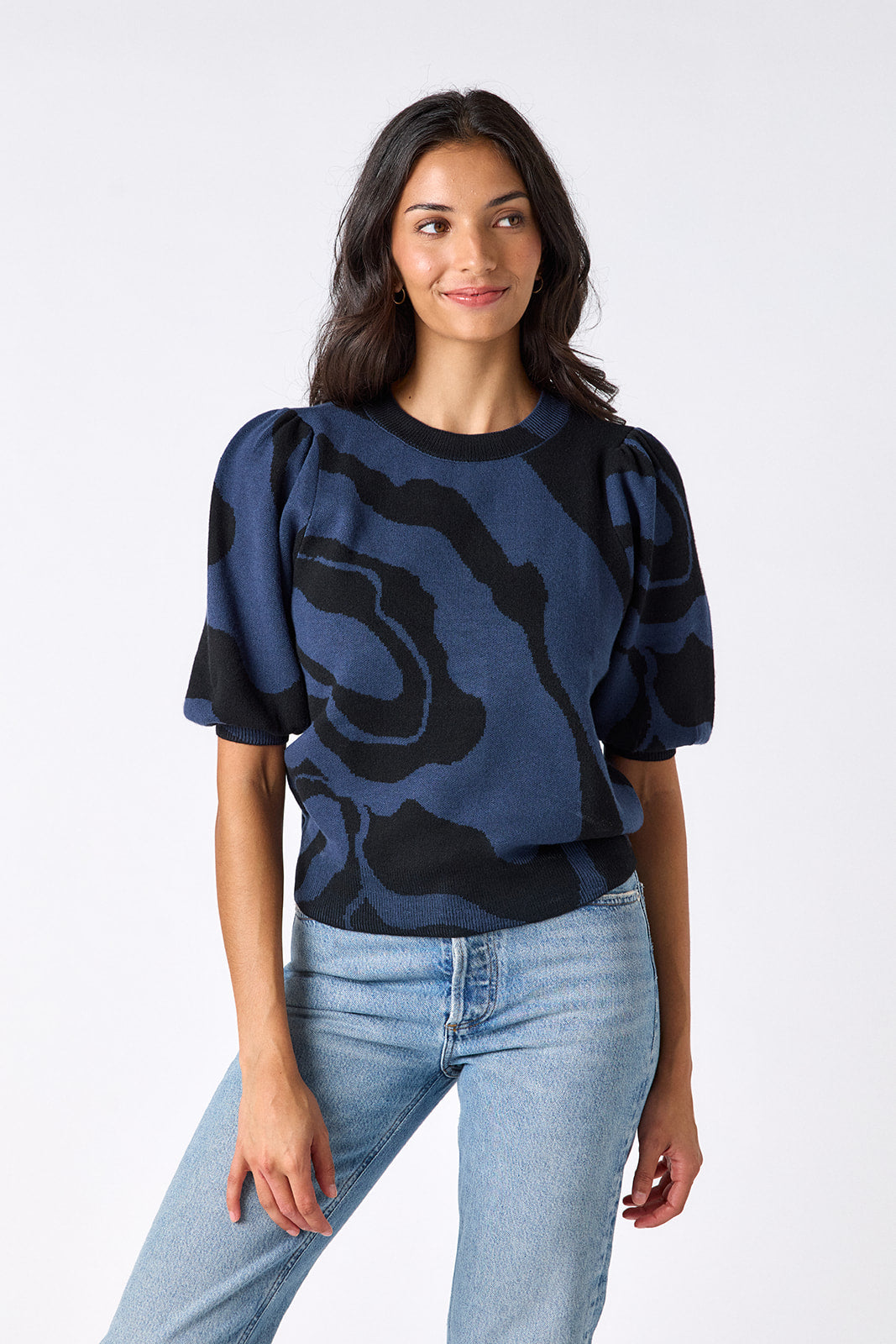 Ink Wave relaxed short sleeve sweater on model – CROSBY by Mollie Burch
