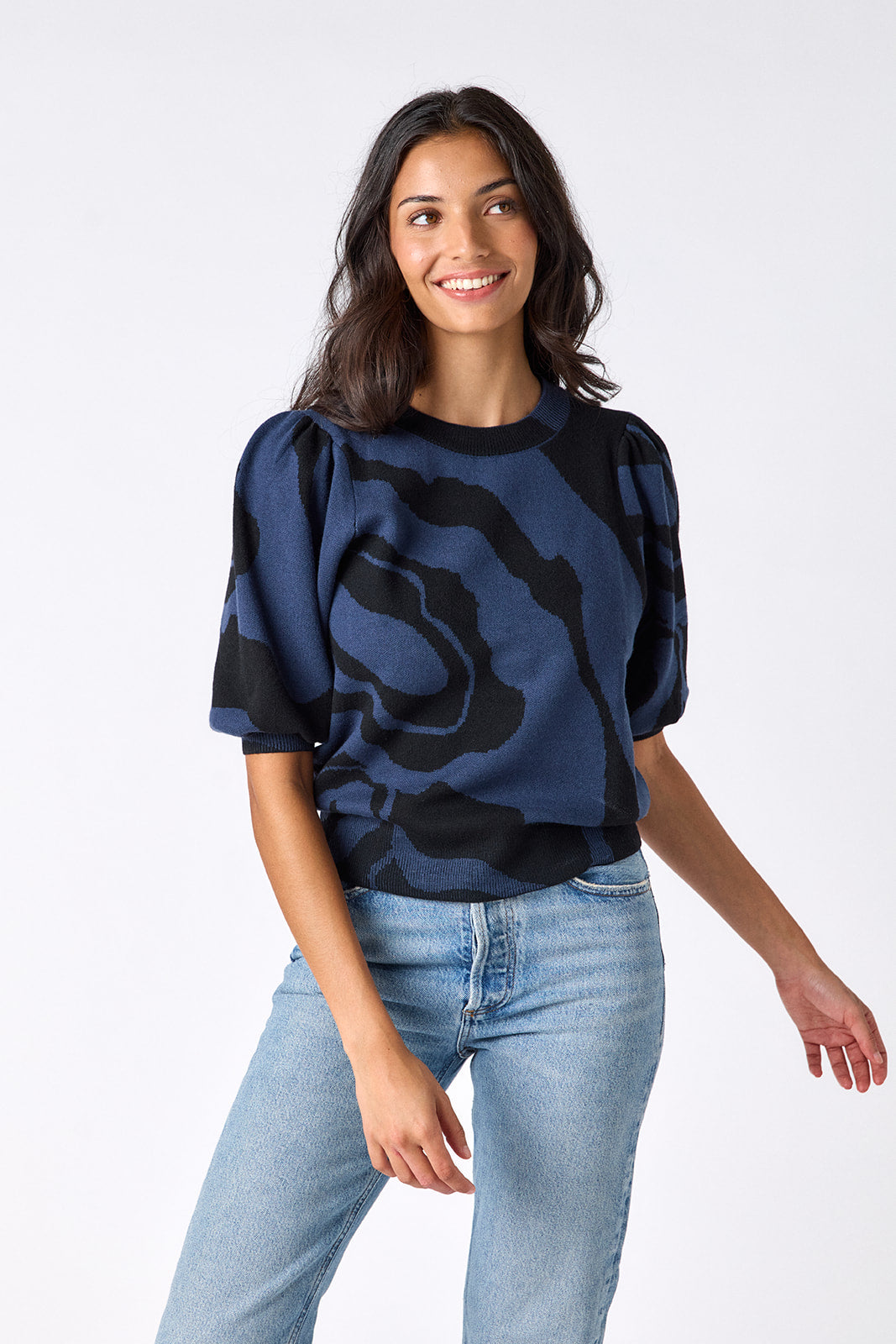 Ink Wave relaxed short sleeve sweater on model – CROSBY by Mollie Burch