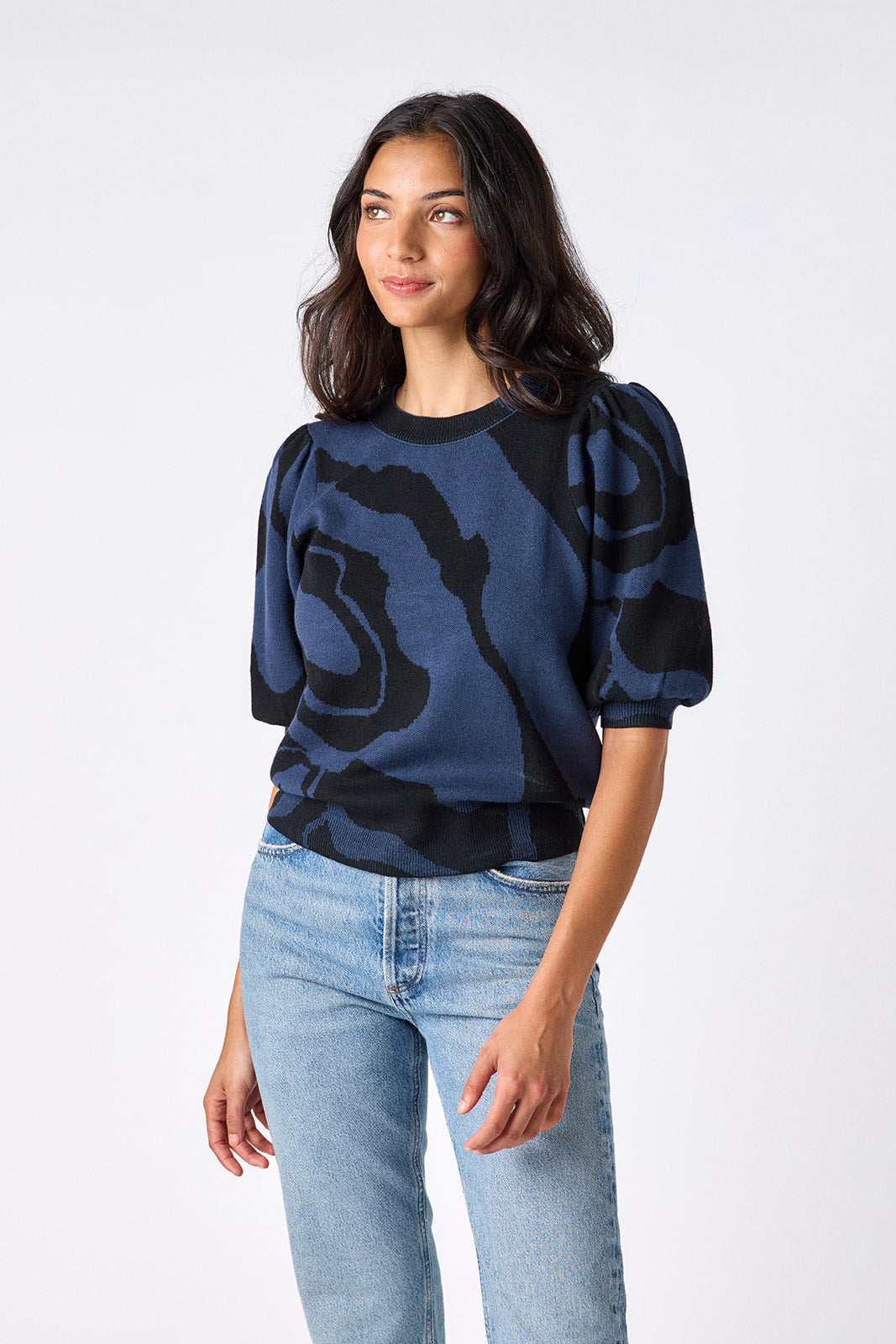 Ink Wave relaxed short sleeve sweater on model – CROSBY by Mollie Burch