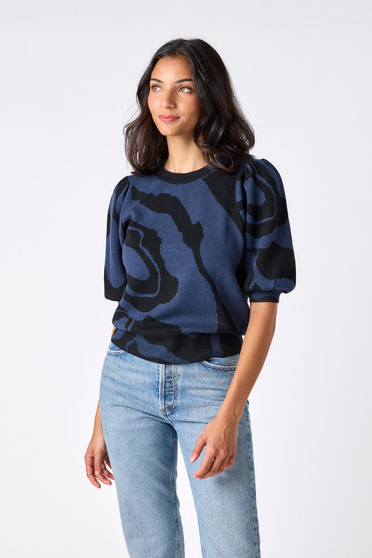 Ink Wave relaxed short sleeve sweater on model – CROSBY by Mollie Burch
