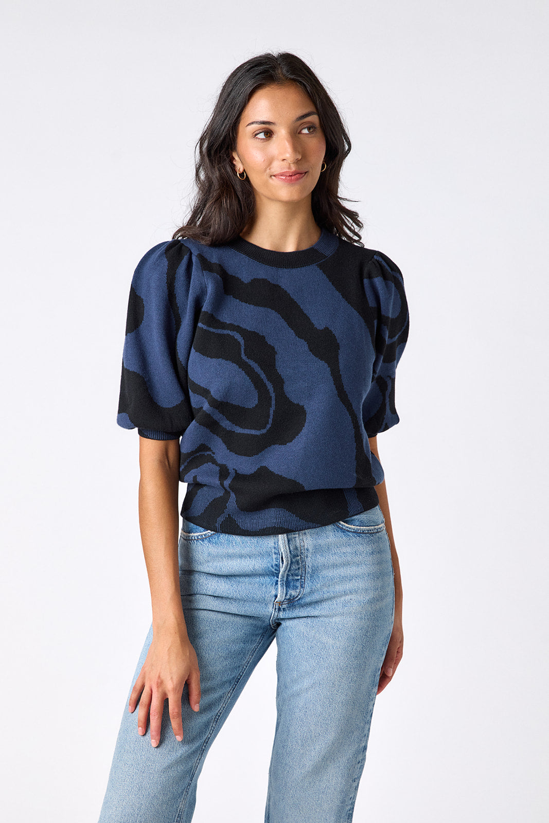 Ink Wave relaxed short sleeve sweater on model – CROSBY by Mollie Burch