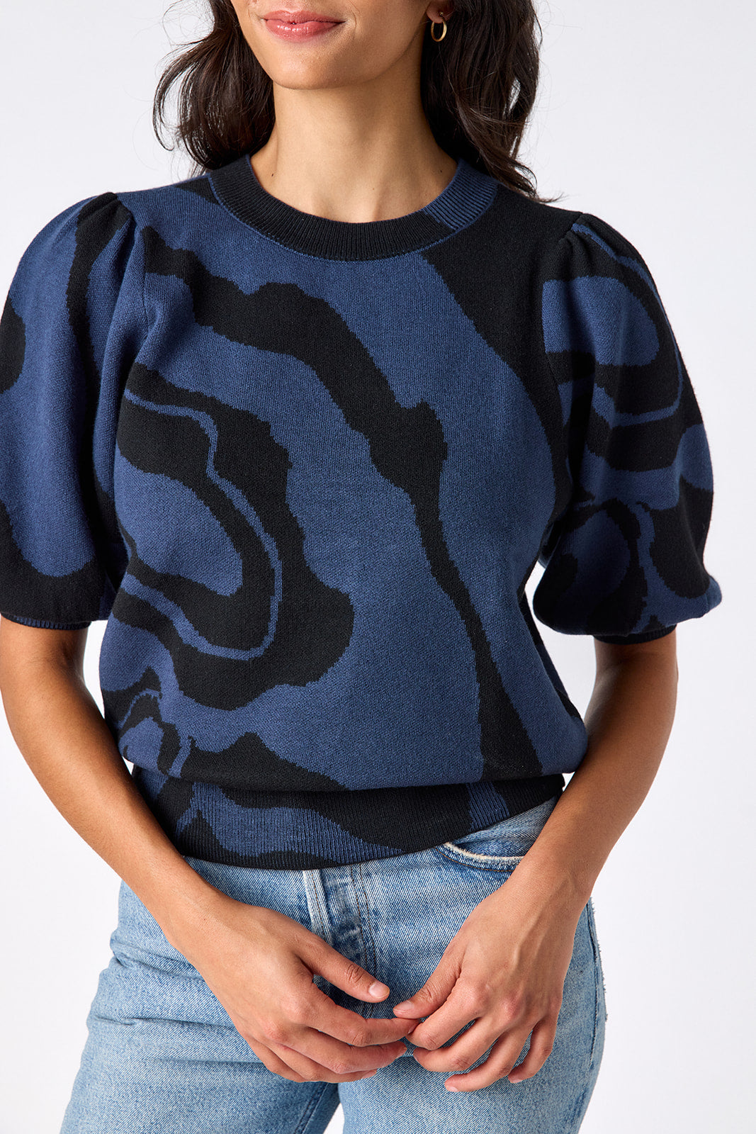 Ink Wave relaxed short sleeve sweater on model – CROSBY by Mollie Burch