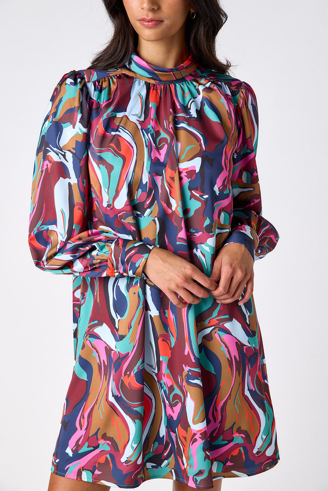 Color Current above-the-knee relaxed fit dress with cowl neck on model – CROSBY by Mollie Burch