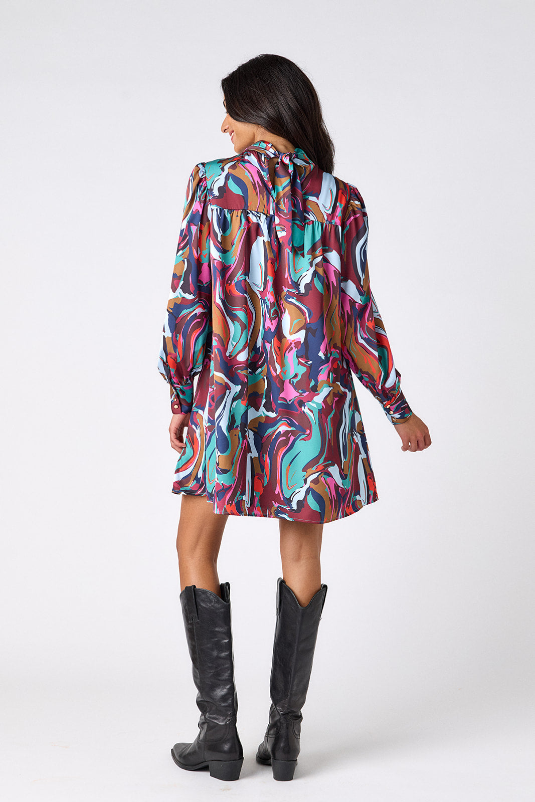 Color Current above-the-knee relaxed fit dress with cowl neck on model – CROSBY by Mollie Burch